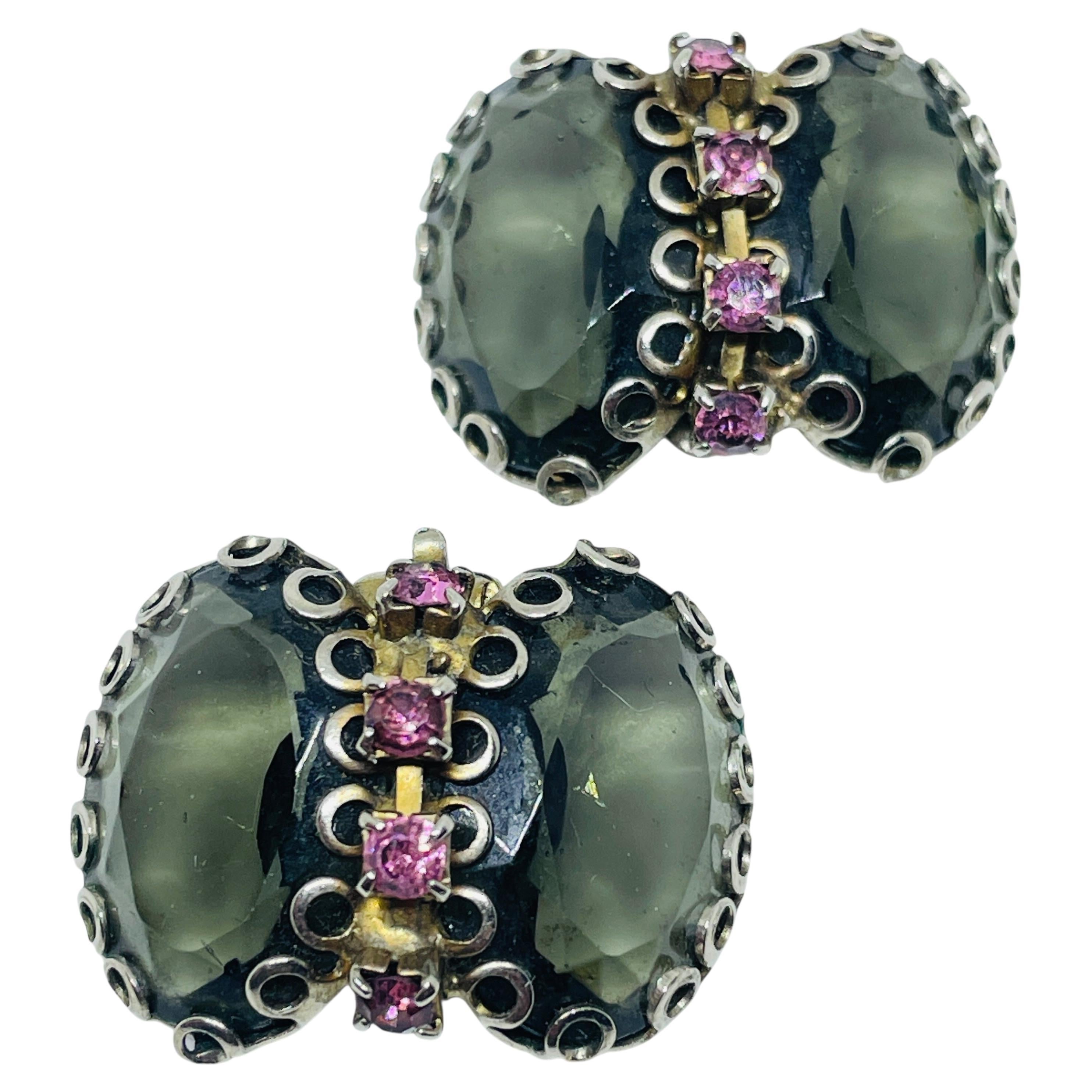 Vintage silver gold tone smoke pink glass clip on earrings