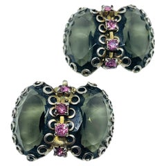 Vintage silver gold tone smoke pink glass clip on earrings