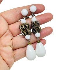 Vintage silver gold tone white beads dangle earrings clip on earrings
