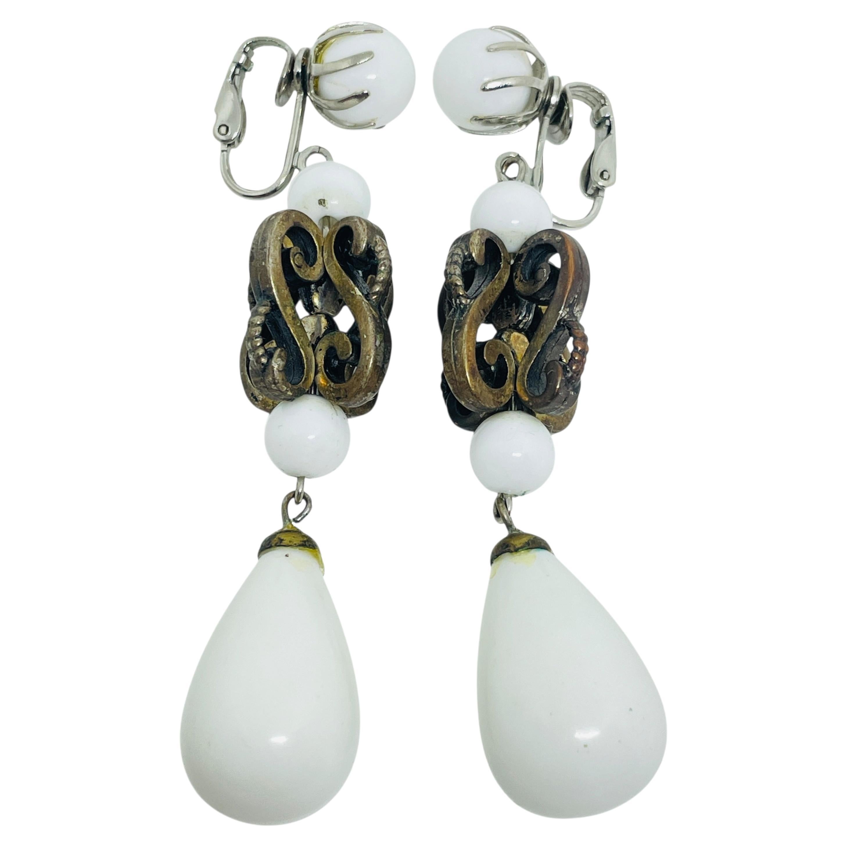 Vintage silver gold tone white beads dangle earrings clip on earrings