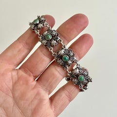 Antique Silver Green Turquoise Stone Floral Link Bracelet