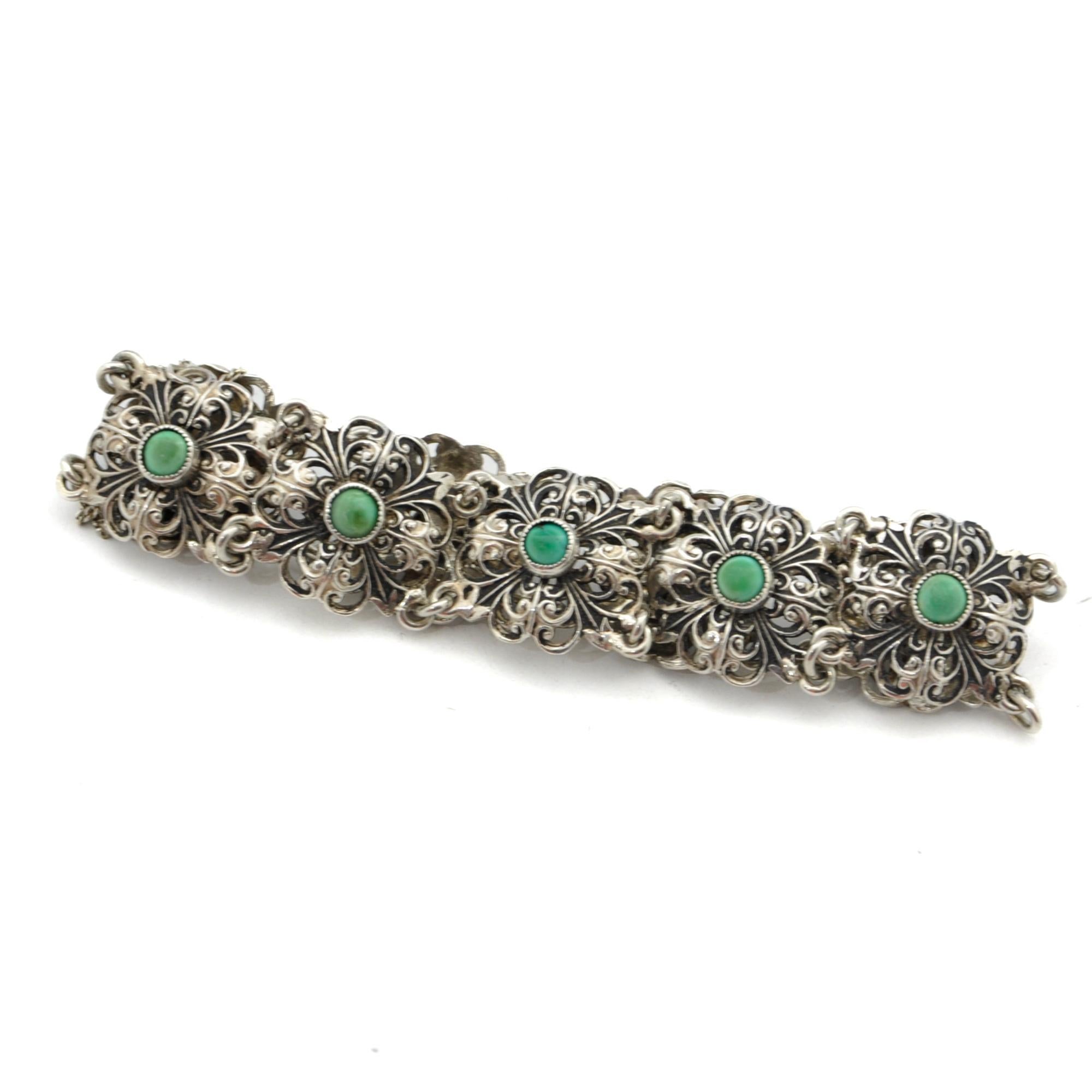 Antique Silver Green Turquoise Stone Floral Link Bracelet In Good Condition For Sale In Rotterdam, NL