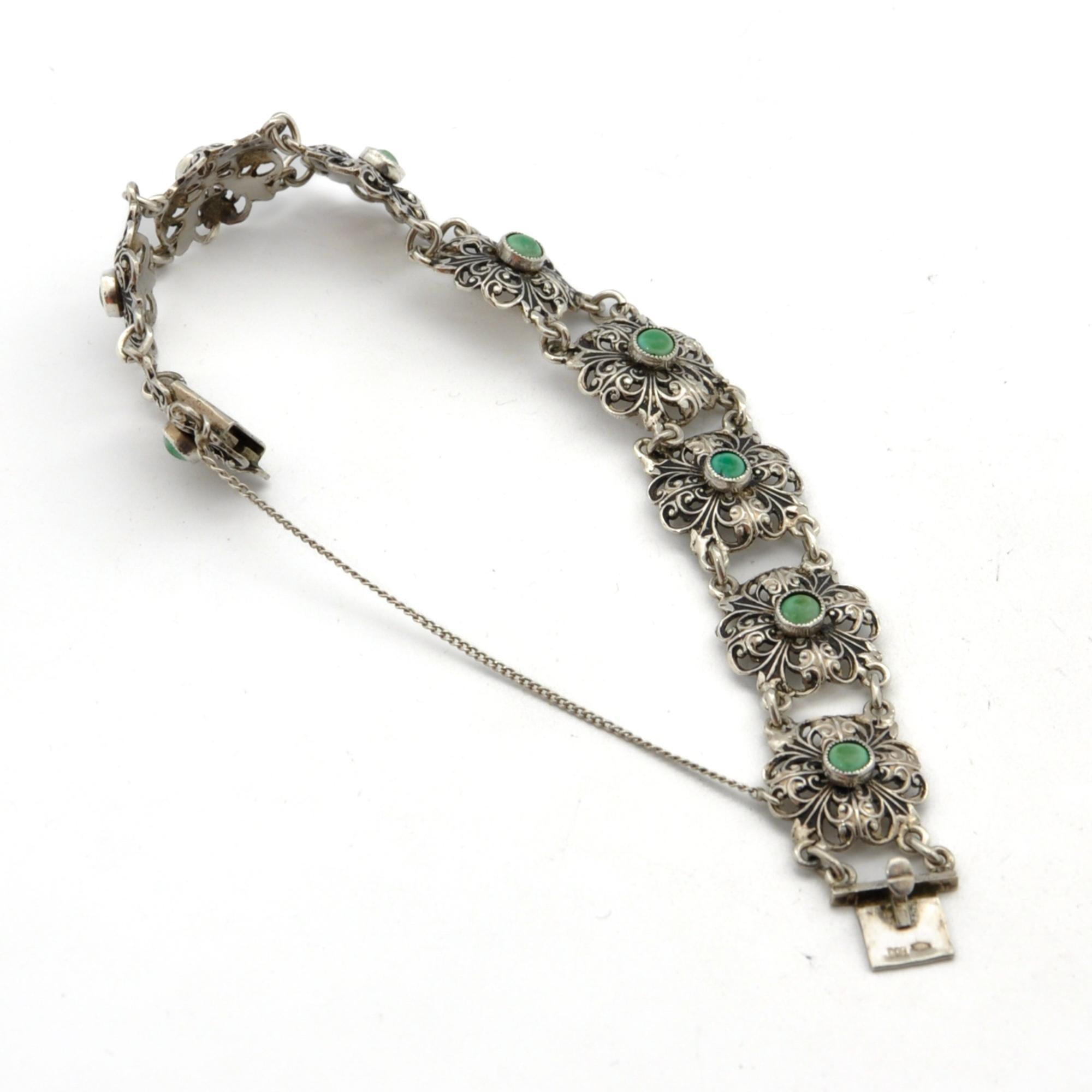 Antique Silver Green Turquoise Stone Floral Link Bracelet For Sale 1