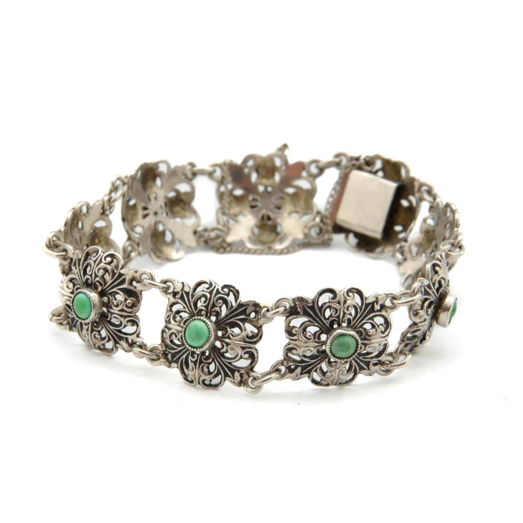 Antique Silver Green Turquoise Stone Floral Link Bracelet For Sale 2
