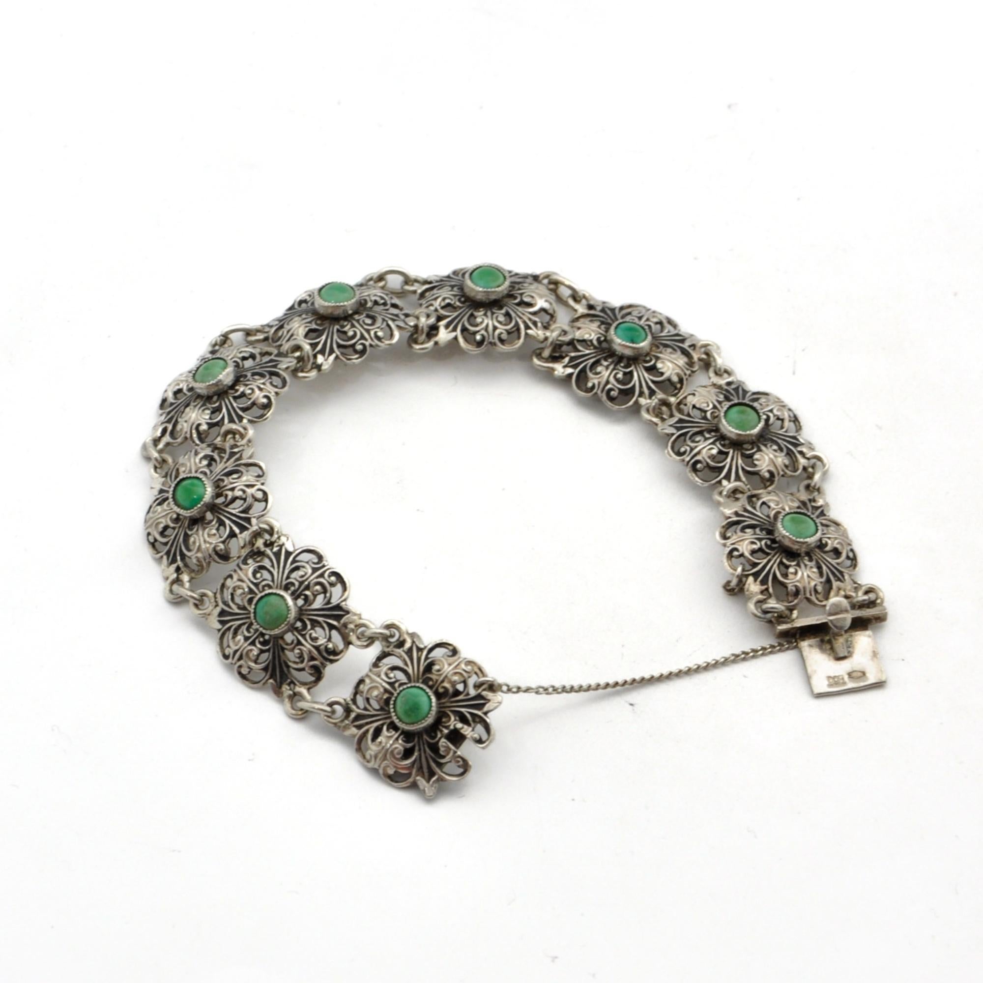 Antique Silver Green Turquoise Stone Floral Link Bracelet For Sale 3