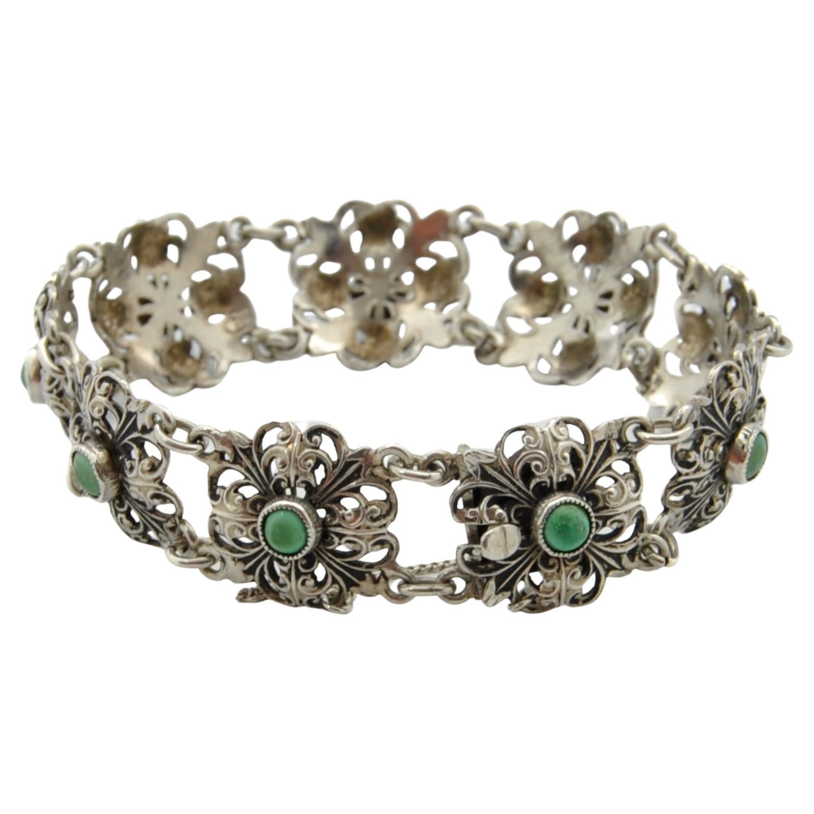 Antique Silver Green Turquoise Stone Floral Link Bracelet For Sale