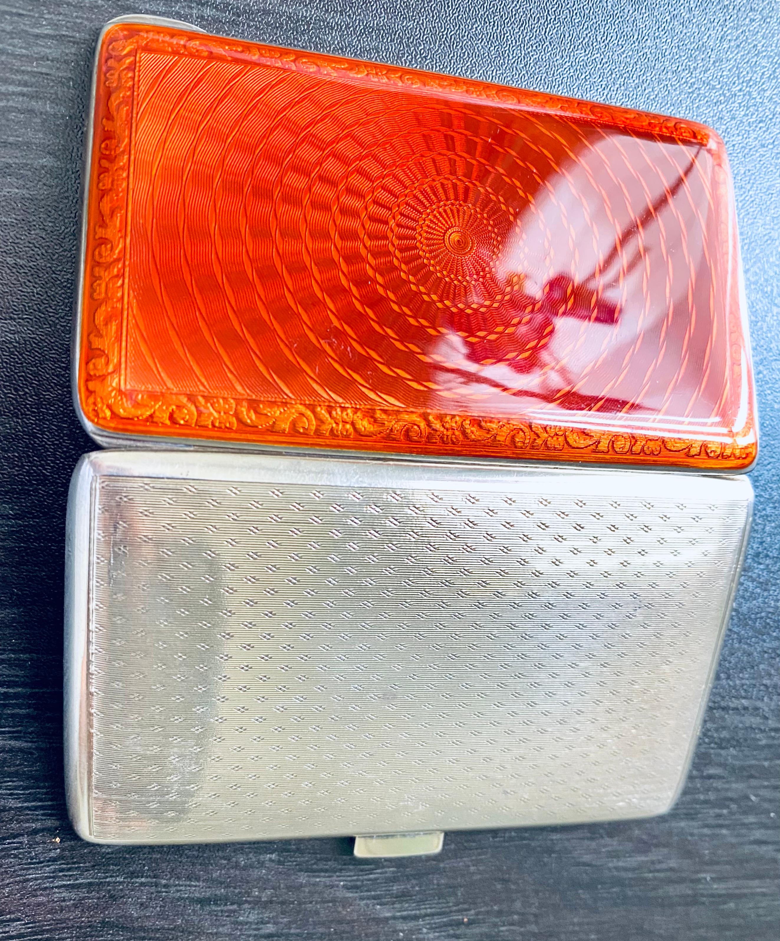 Women's or Men's Vintage Silver Guilloche Translucent Red Enamel Cigarette Case