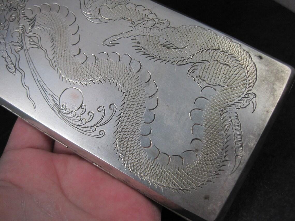 Vintage Silver Hand Chased Dragon Cigarette Case For Sale 3