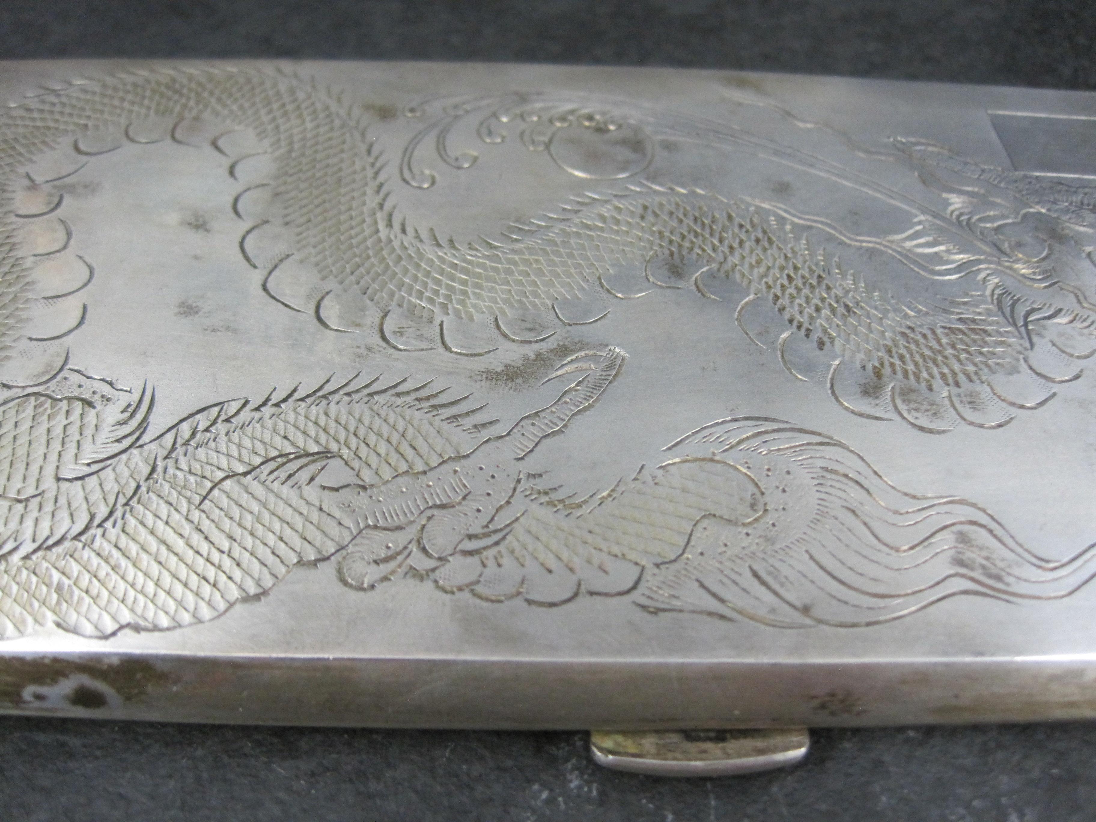 Vintage Silver Hand Chased Dragon Cigarette Case For Sale 7