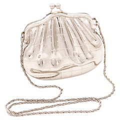 Used Silver Hard Case Alligator Embossed Kiss Lock Evening Bag W Chain Strap