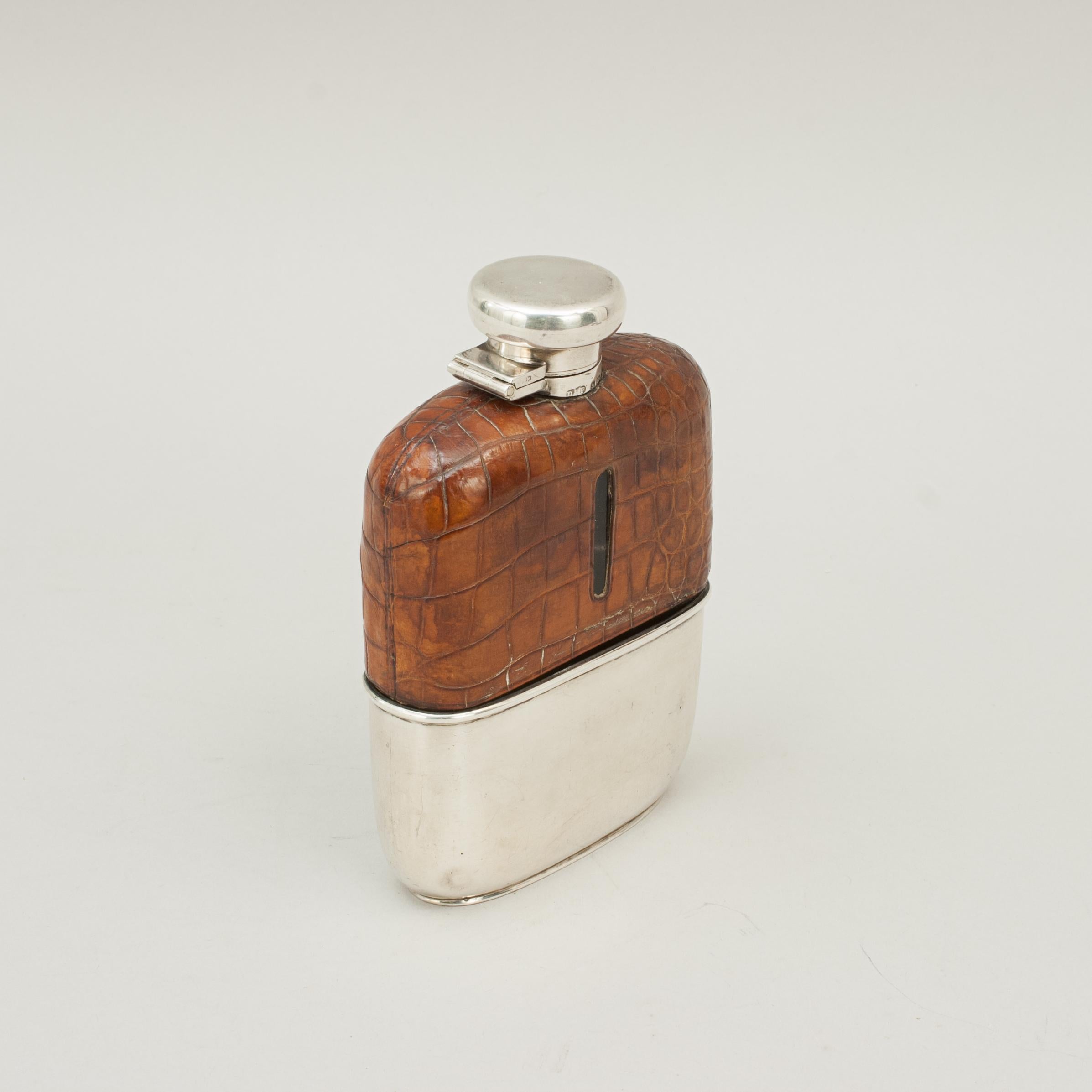 English Vintage Silver Hip Flask with Leather Cover by Deakin & Francis, Birmingham 1926