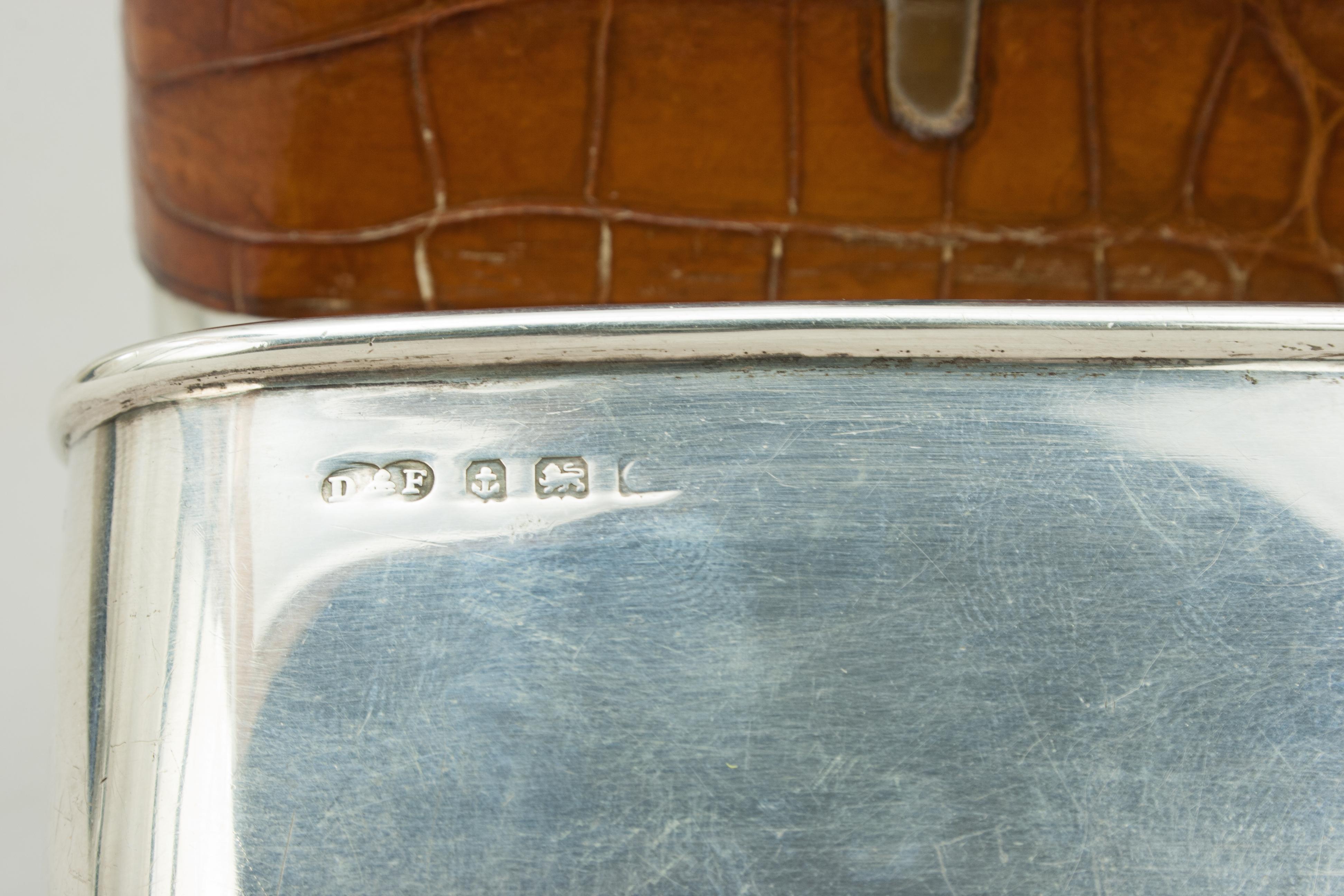 Early 20th Century Vintage Silver Hip Flask with Leather Cover by Deakin & Francis, Birmingham 1926