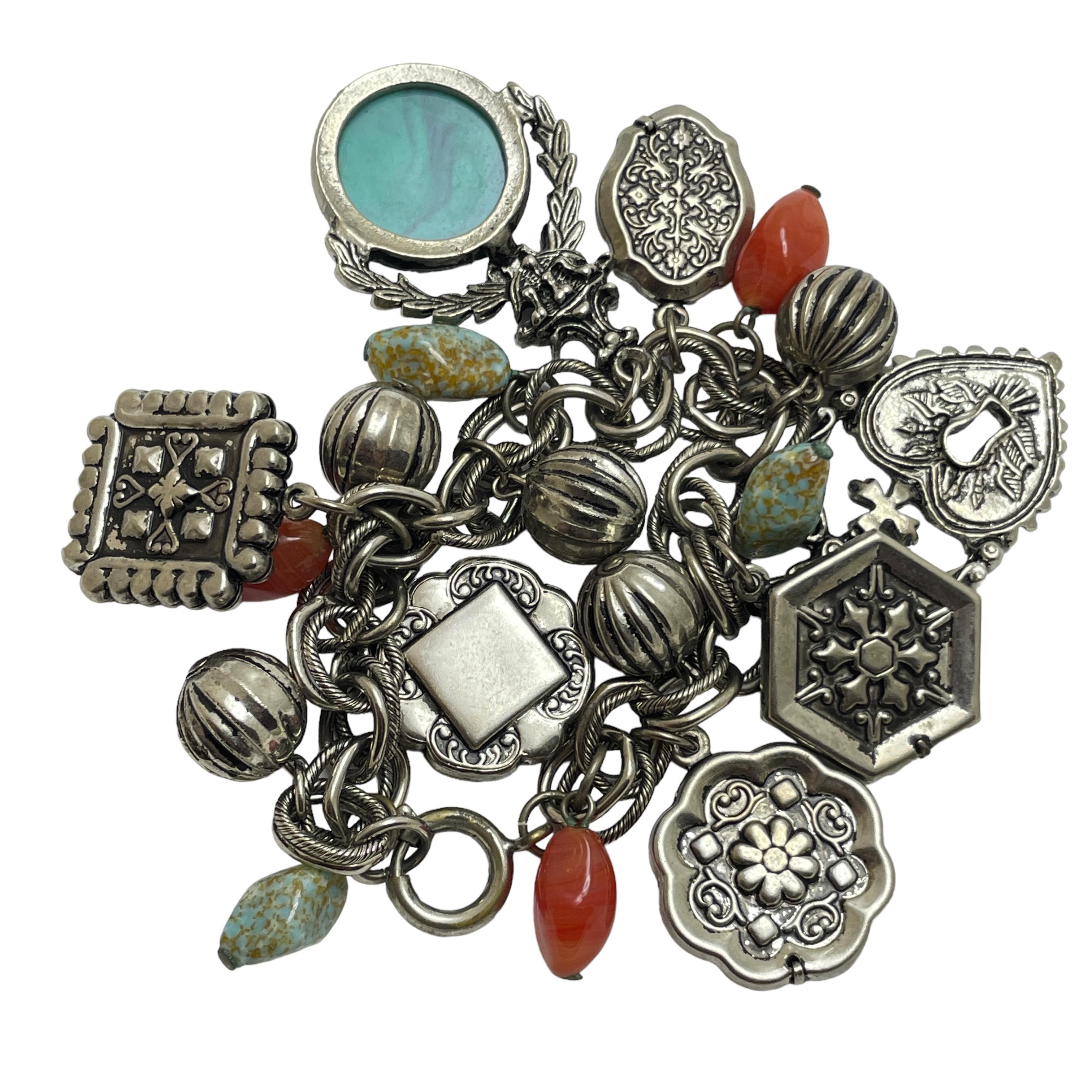 Vintage GERMANY silver intaglio glass dangle charms designer chain bracelet For Sale 1