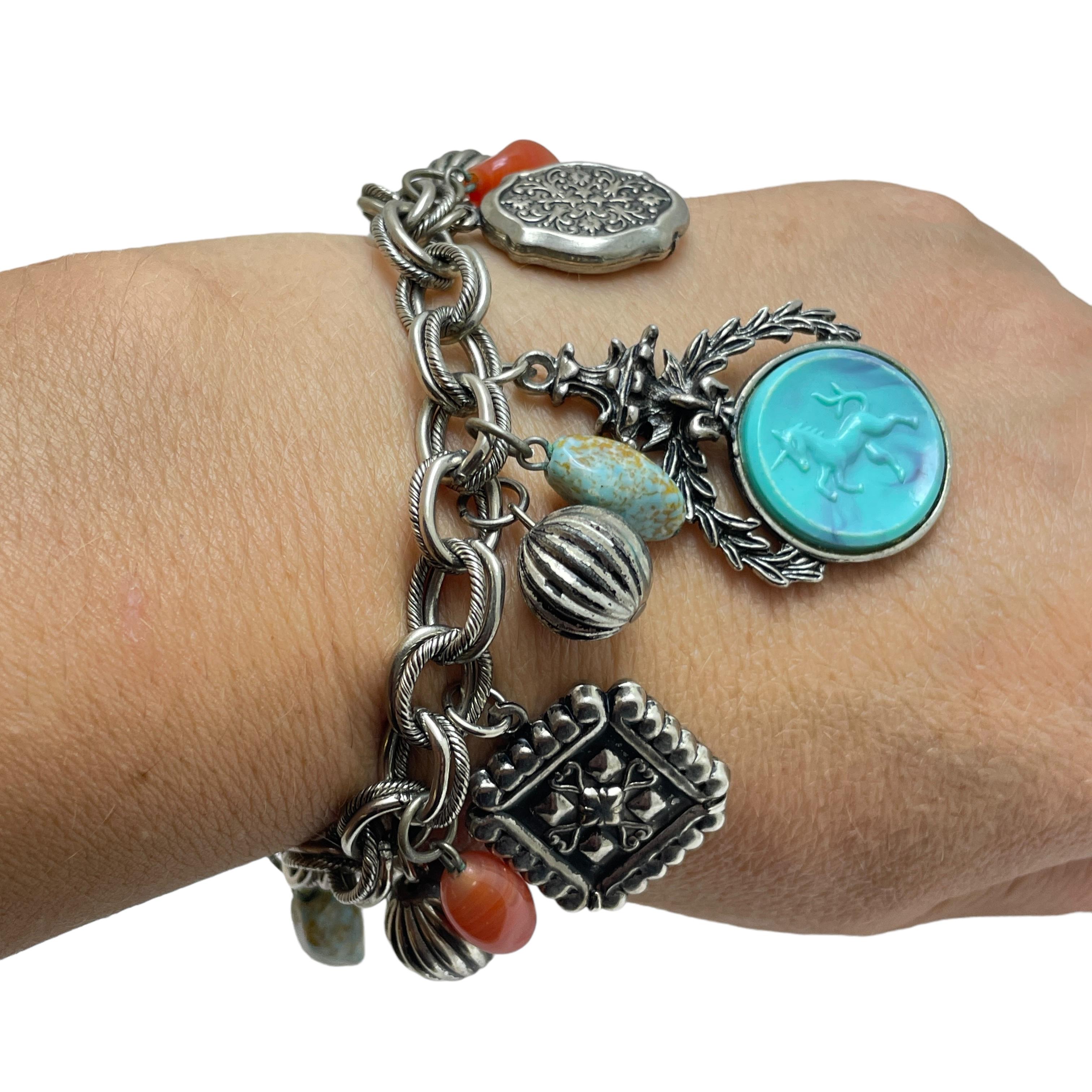 Vintage GERMANY silver intaglio glass dangle charms designer chain bracelet For Sale 3