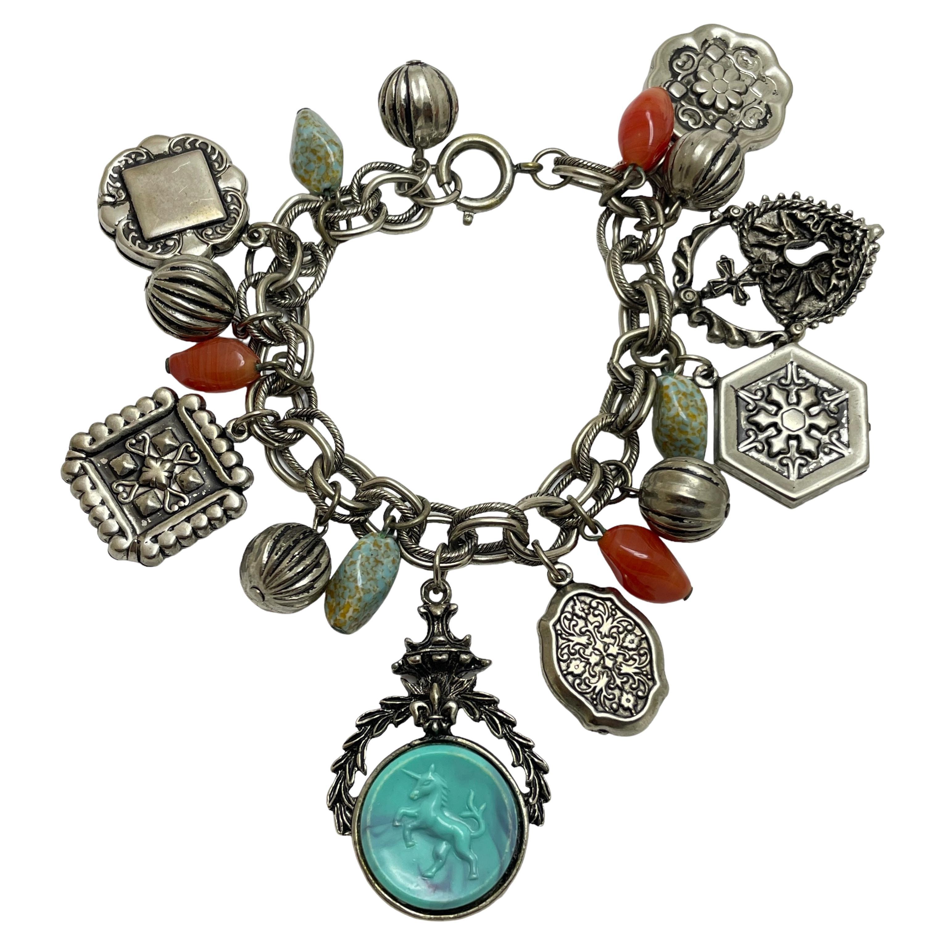 Vintage GERMANY silver intaglio glass dangle charms designer chain bracelet For Sale