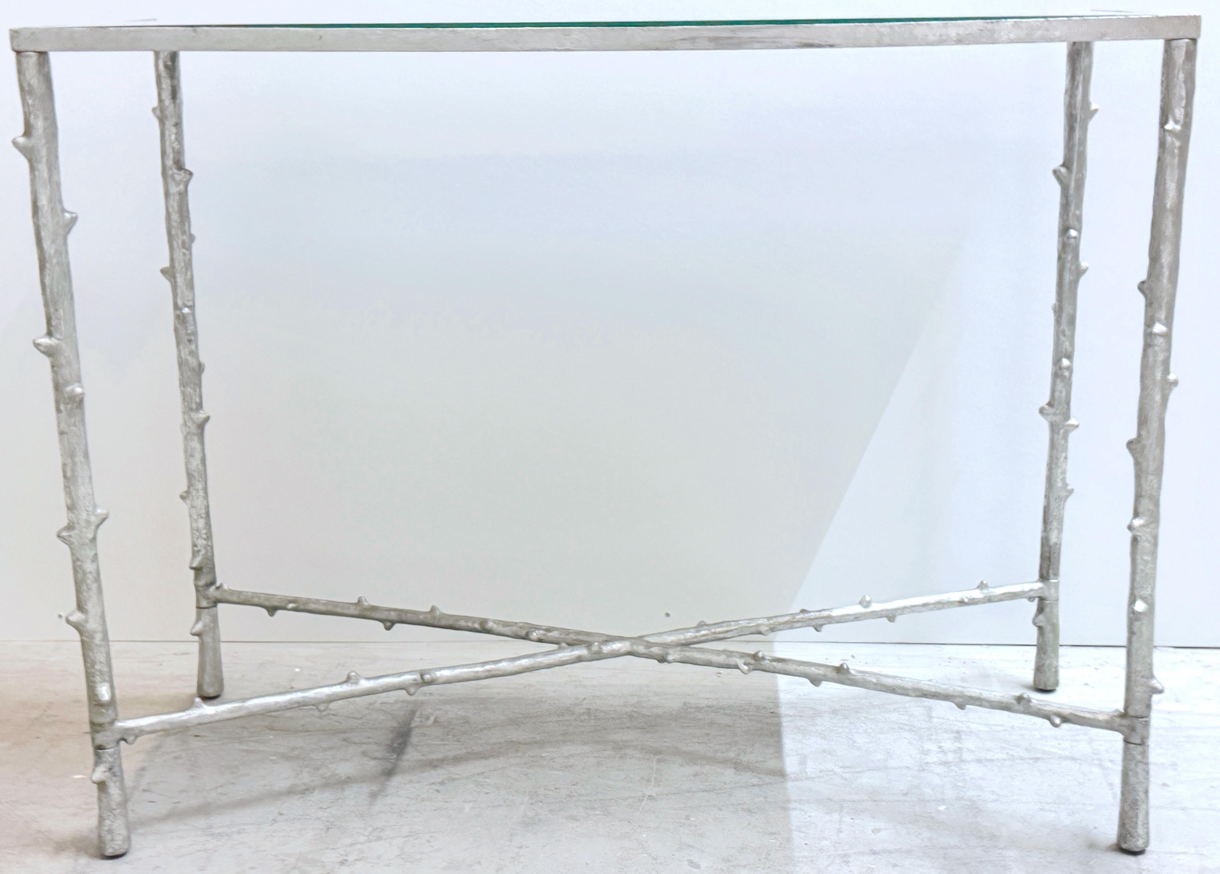 Mesa Consola Vintage de Faux Bois en Hoja de Plata con Tapa de Espejo Moderno en venta