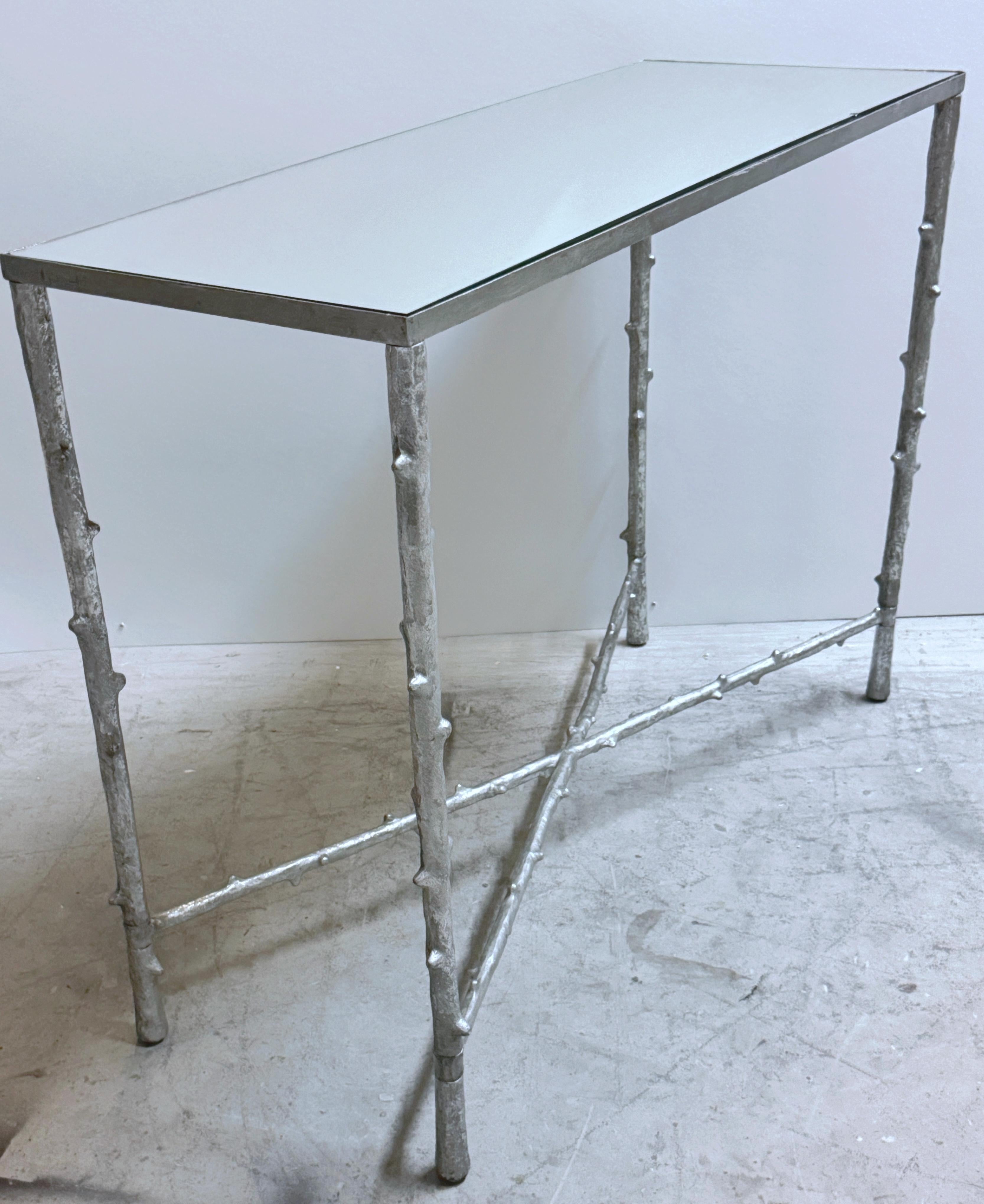 Mesa Consola Vintage de Faux Bois en Hoja de Plata con Tapa de Espejo en venta 1