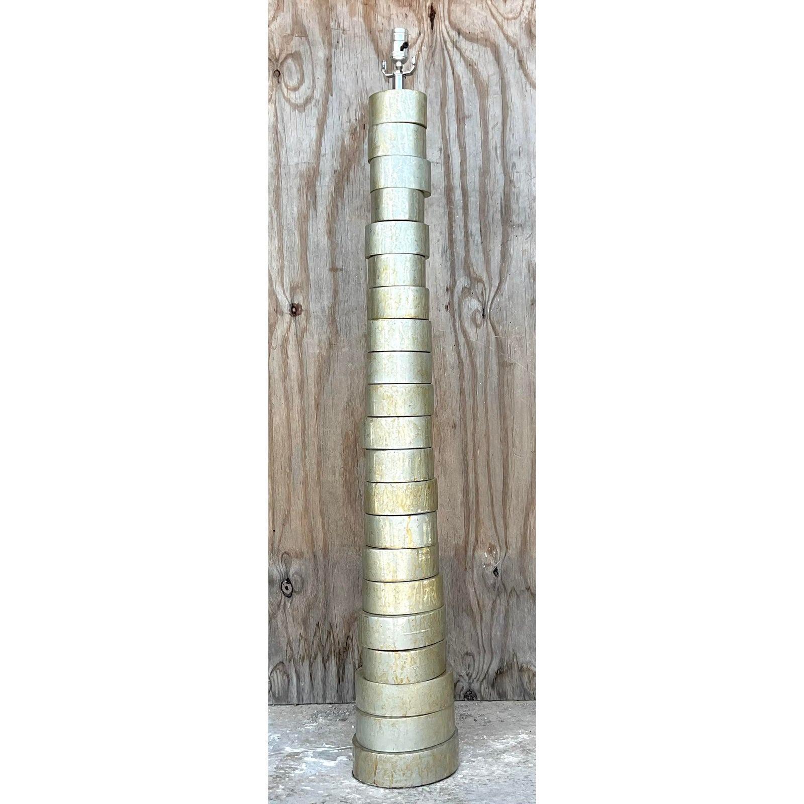 Vintage Silver Leaf Stacked Disk Floor Lamp In Good Condition For Sale In west palm beach, FL