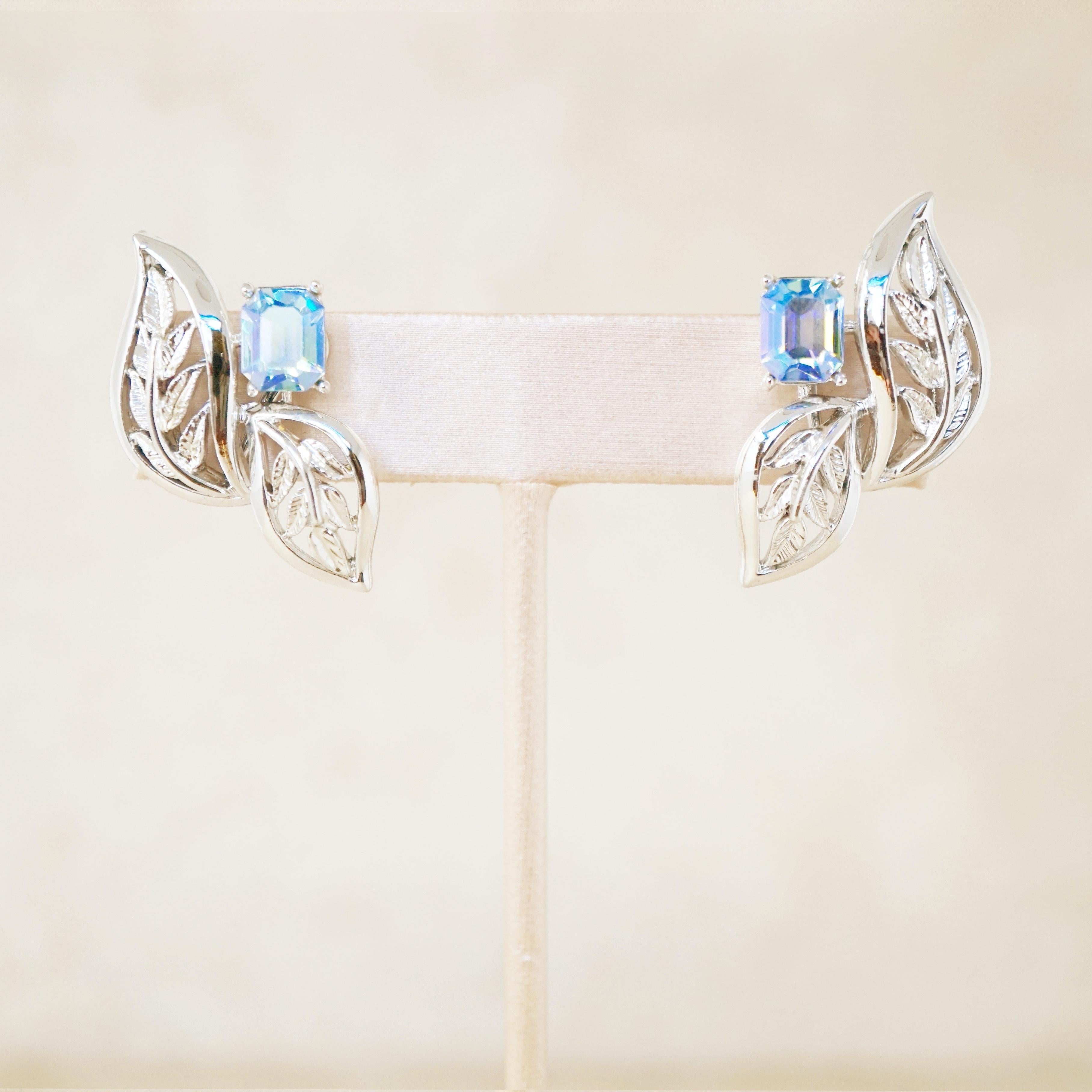 Modern Vintage Silver Leaves & Aurora Borealis Blue Crystal Statement Earrings, 1950s