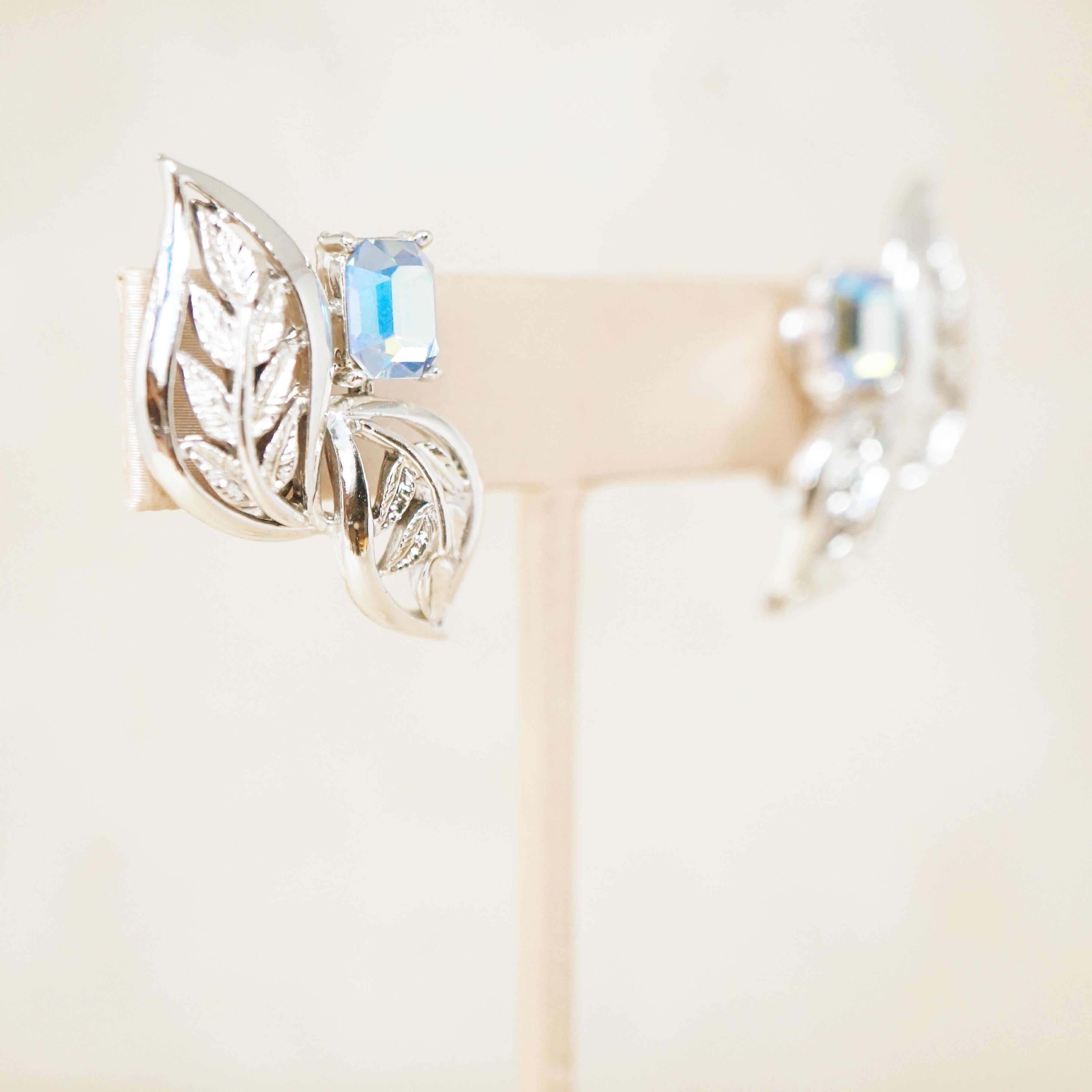 Women's Vintage Silver Leaves & Aurora Borealis Blue Crystal Statement Earrings, 1950s