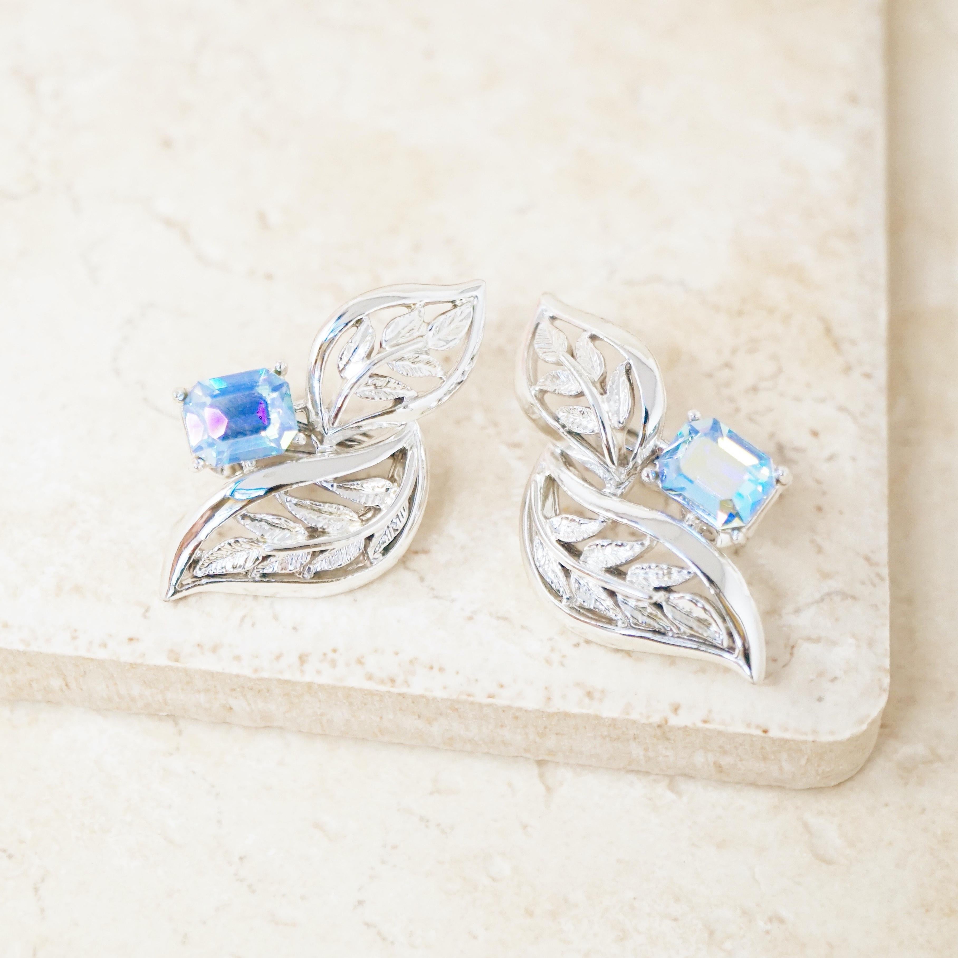 Vintage Silver Leaves & Aurora Borealis Blue Crystal Statement Earrings, 1950s 1