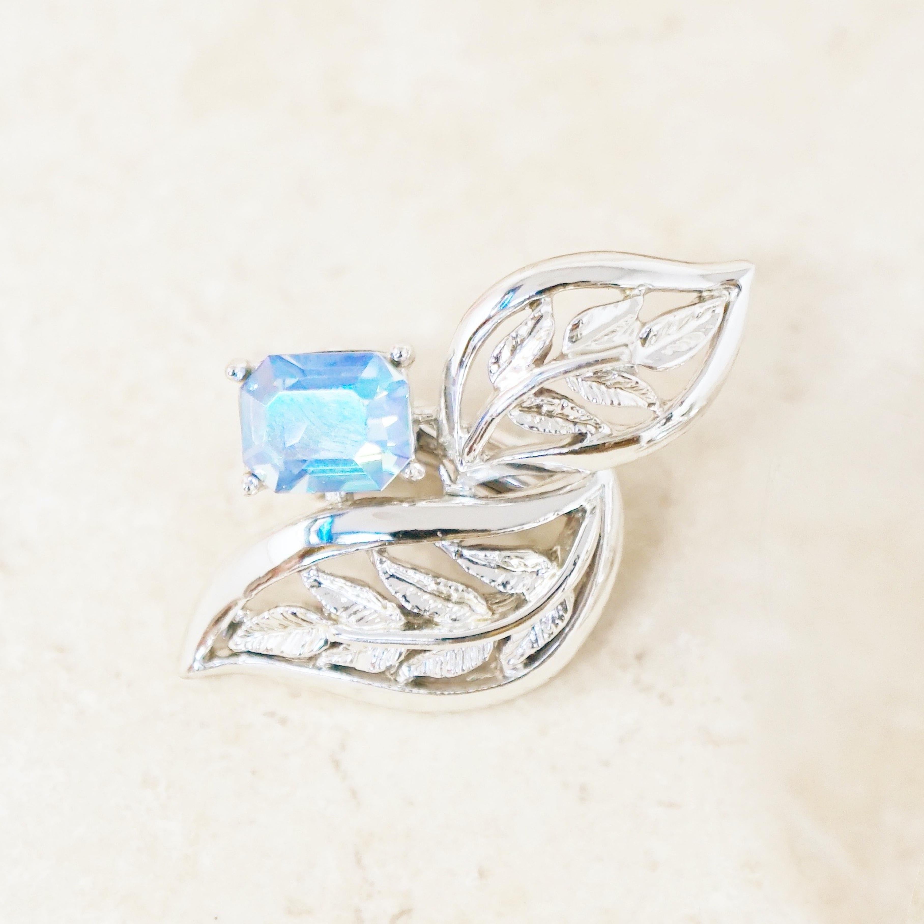 Vintage Silver Leaves & Aurora Borealis Blue Crystal Statement Earrings, 1950s 2