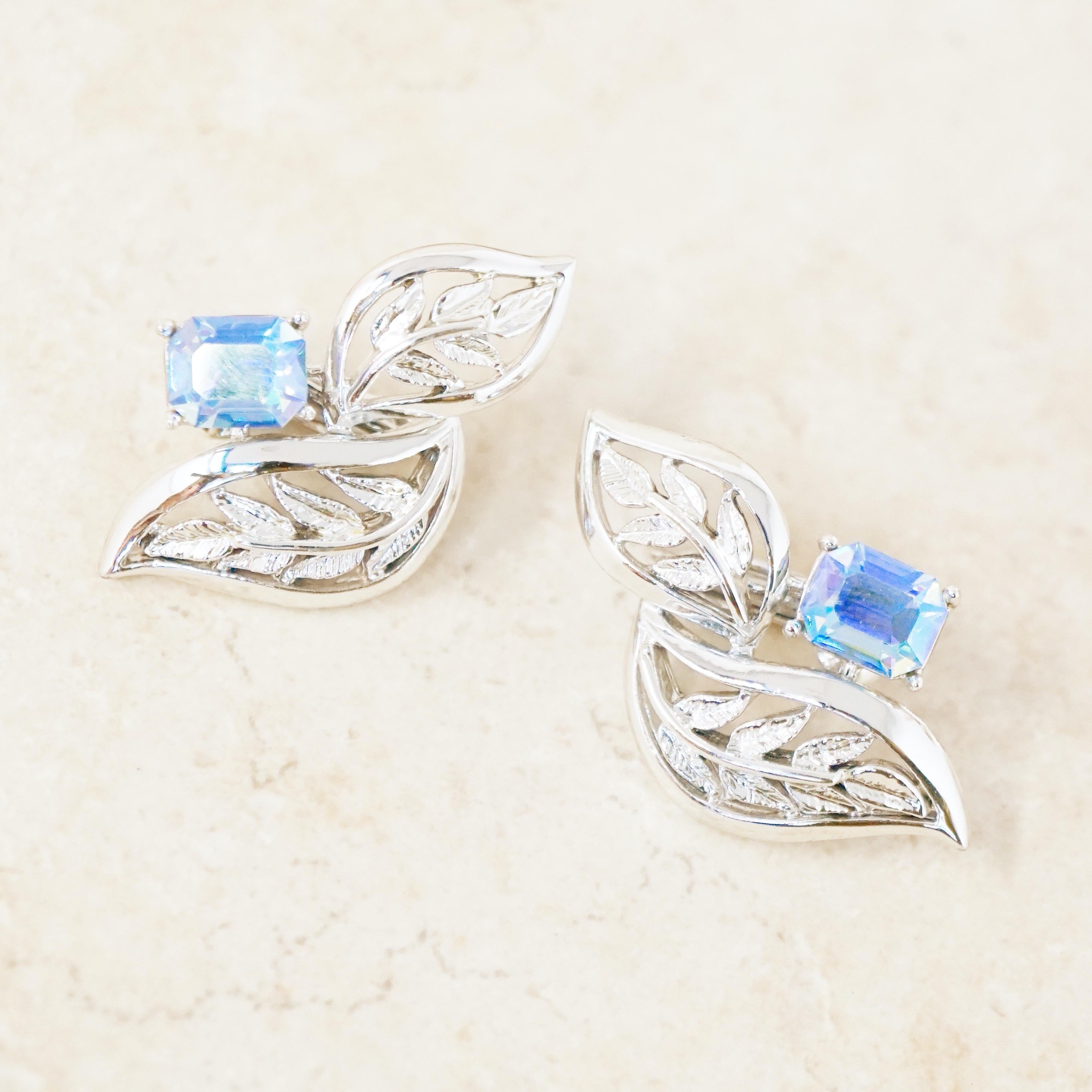 Vintage Silver Leaves & Aurora Borealis Blue Crystal Statement Earrings, 1950s 3