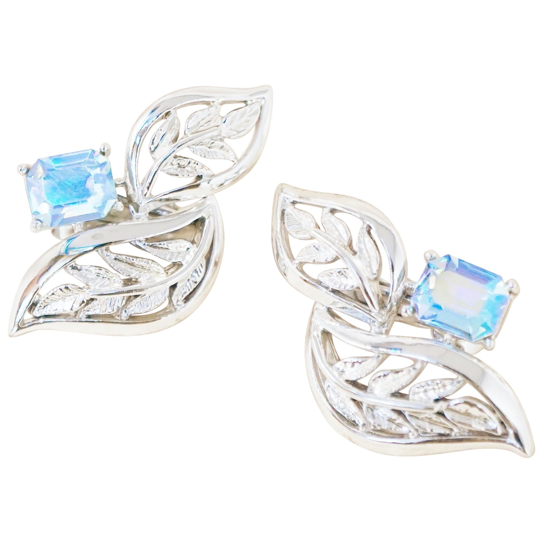Vintage Silver Leaves & Aurora Borealis Blue Crystal Statement Earrings, 1950s