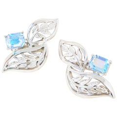 Vintage Silver Leaves & Aurora Borealis Blue Crystal Statement Earrings, 1950s