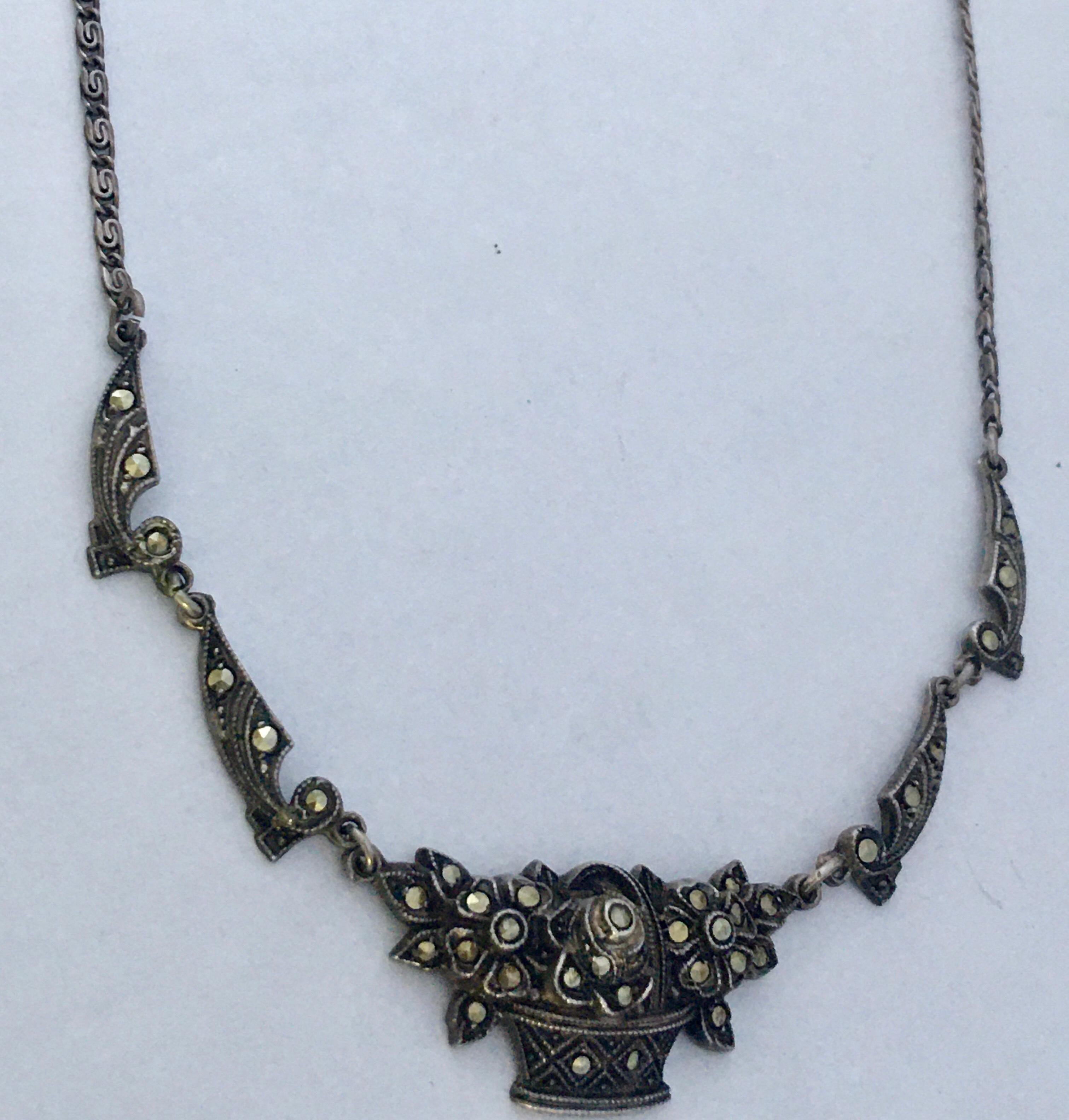 Bead Vintage Silver Marcasite Pendant Necklace