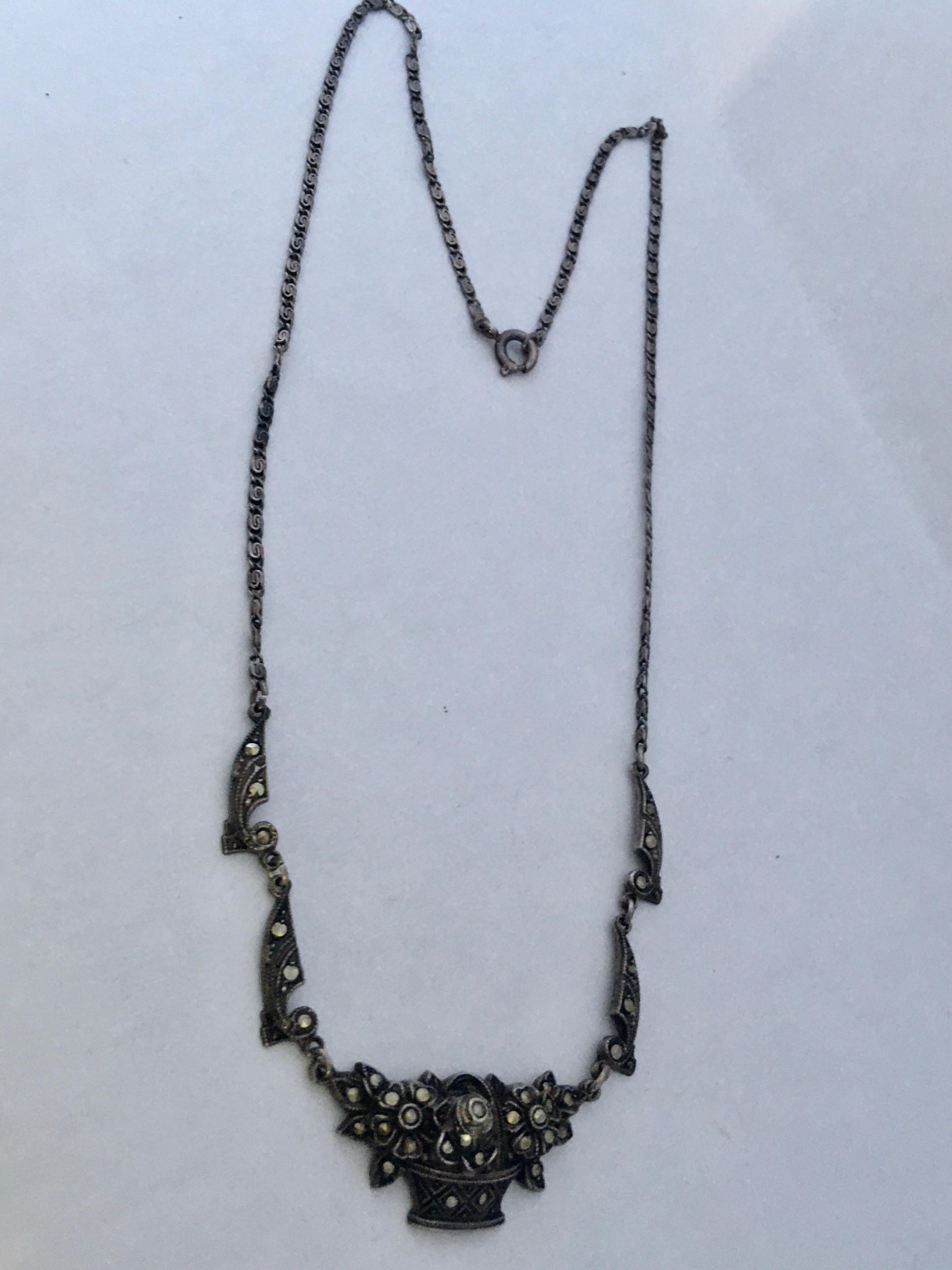 Vintage Silver Marcasite Pendant Necklace In Good Condition In Carlisle, GB