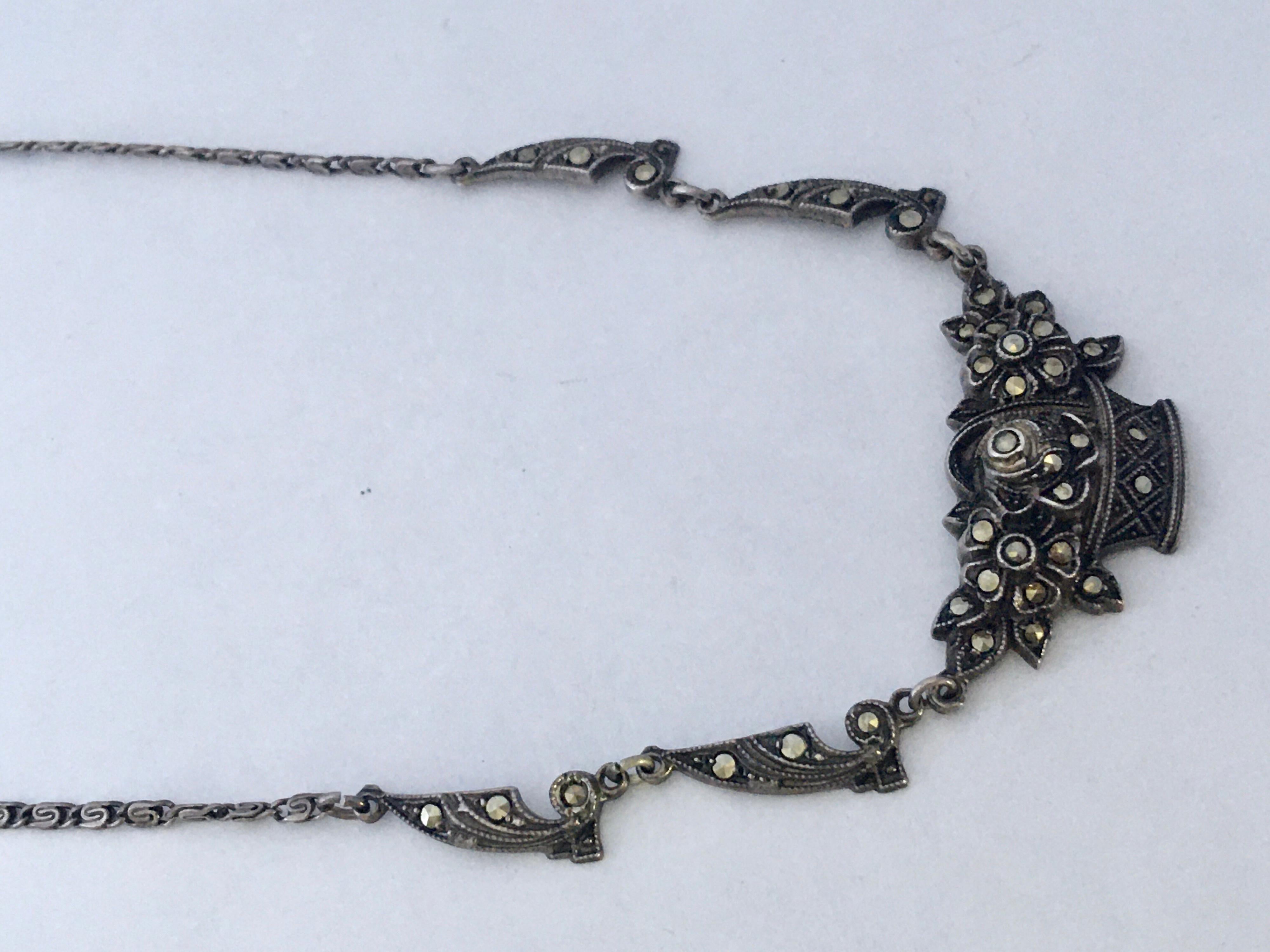 Women's or Men's Vintage Silver Marcasite Pendant Necklace