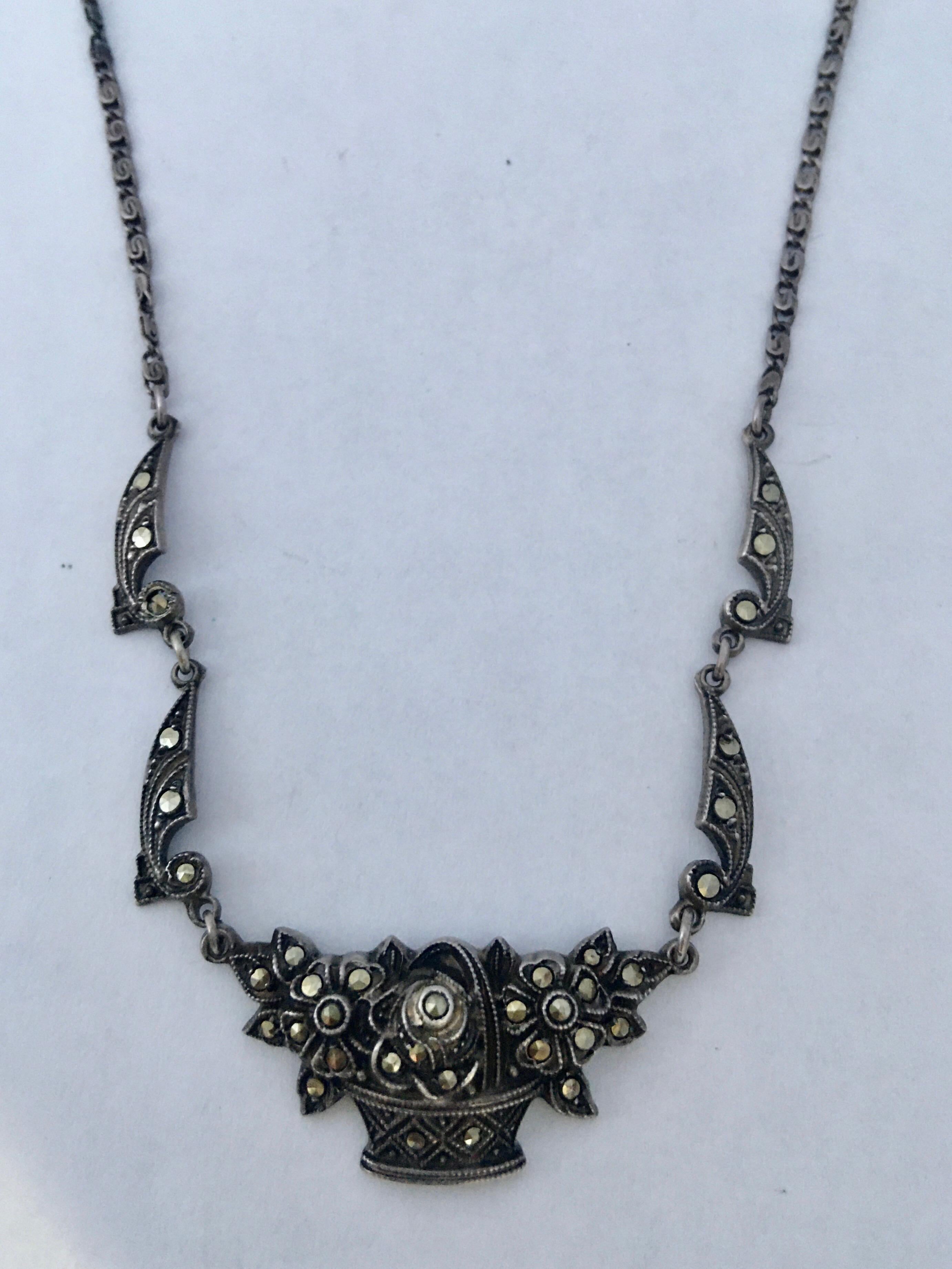Vintage Silver Marcasite Pendant Necklace 1