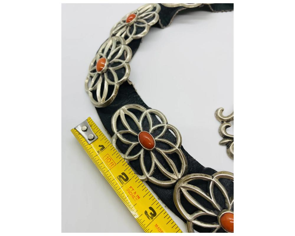 Vintage Silver Native American Concho Coral Belt For Sale 9