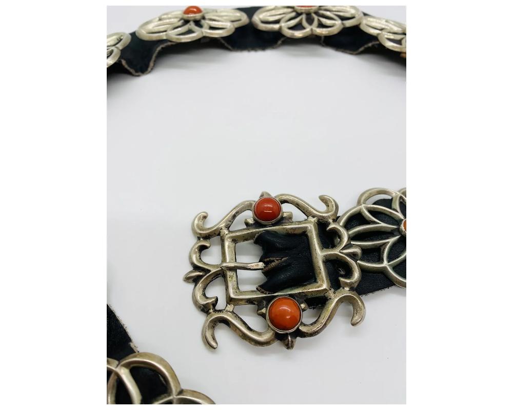 Vintage Silver Native American Concho Coral Belt In Good Condition For Sale In New York, NY