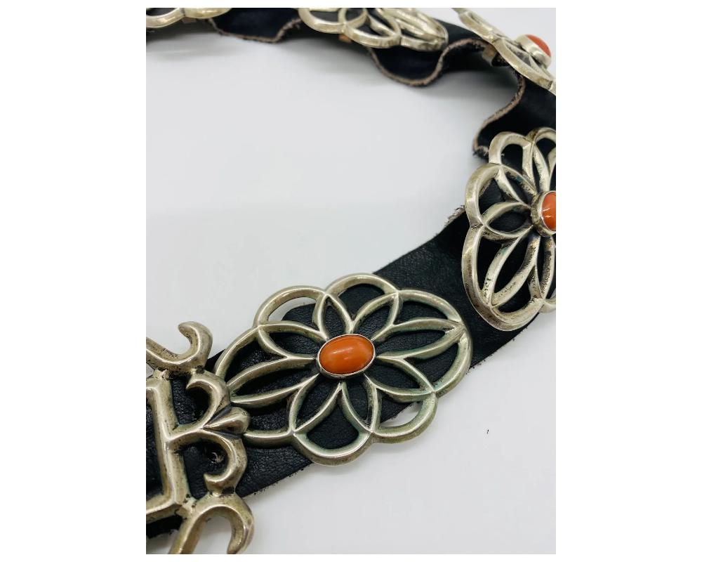Vintage Silver Native American Concho Coral Belt In Good Condition For Sale In New York, NY