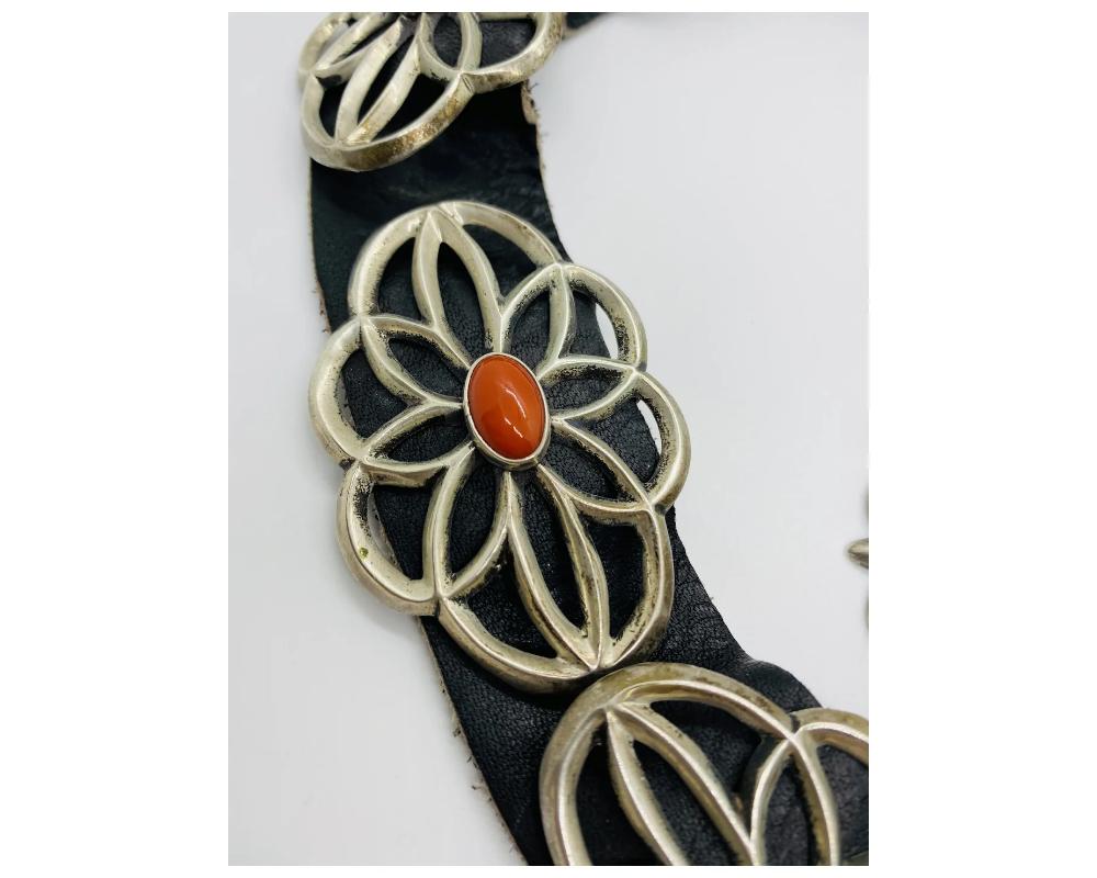 Vintage Silver Native American Concho Coral Belt For Sale 2