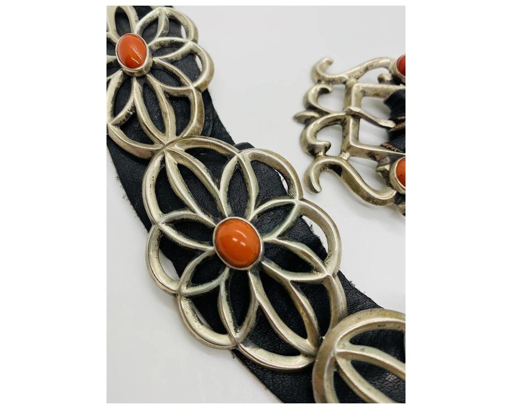 Vintage Silver Native American Concho Coral Belt For Sale 3