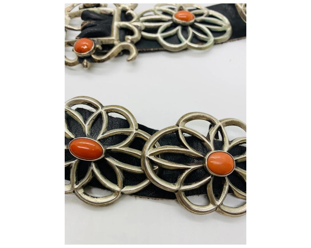 Vintage Silver Native American Concho Coral Belt For Sale 4