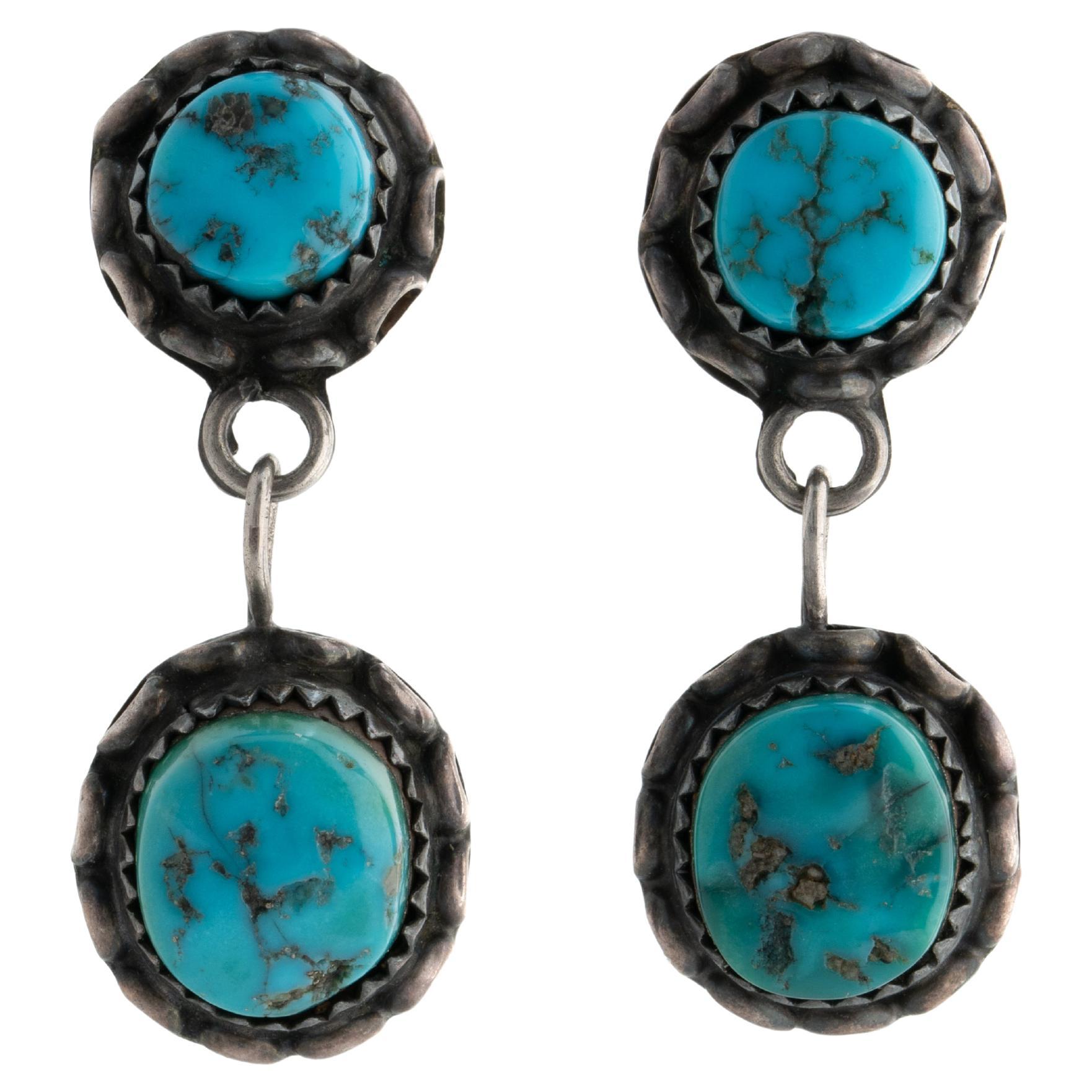 Vintage Silver Native American Navajo Double Drop Turquoise Earrings c.1950s