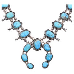 Vintage Silver Navajo Turquoise Squash Blossom Necklace