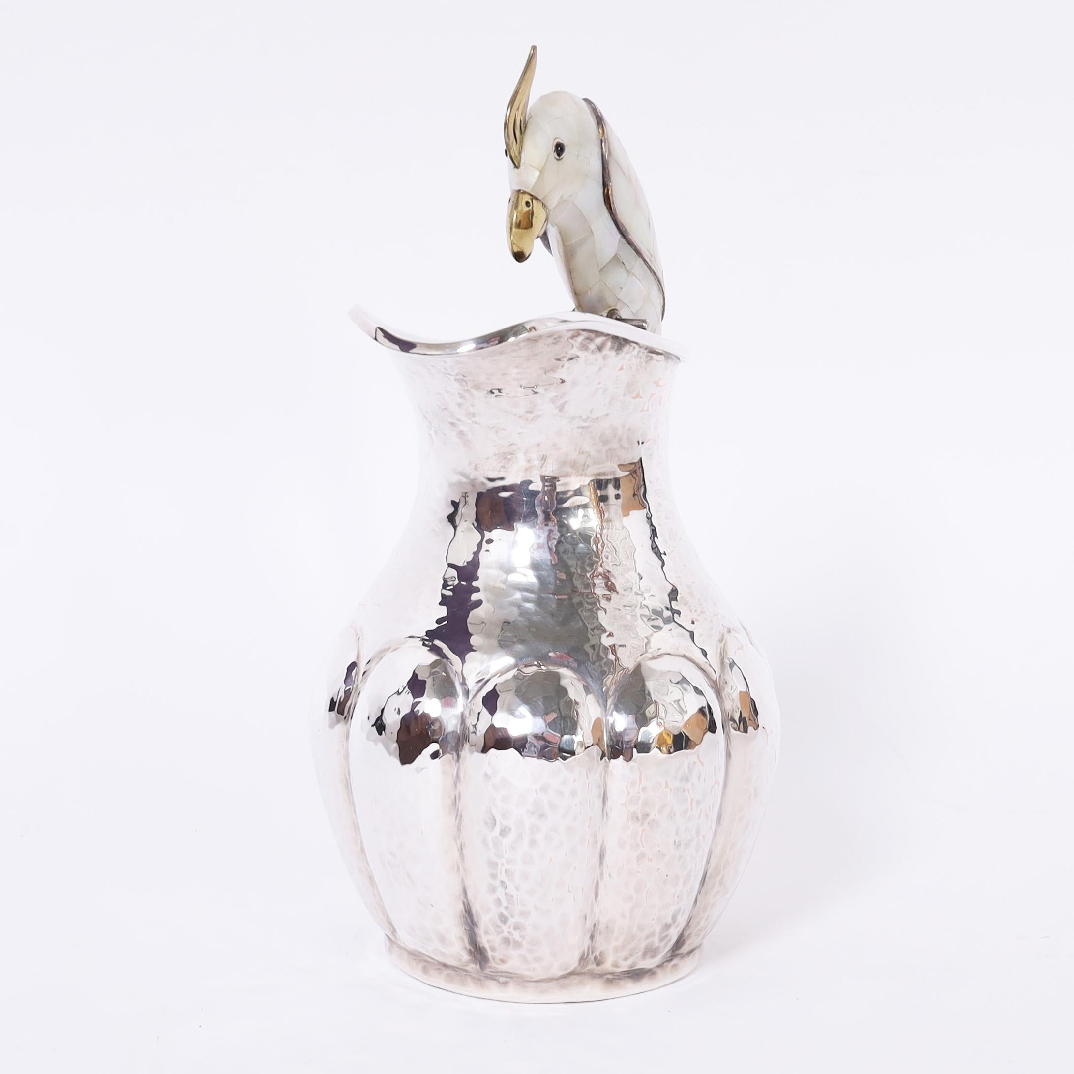 Mid-Century Modern Vintage Silver on Copper Pitcher with Bird in the Style of Los Castillo