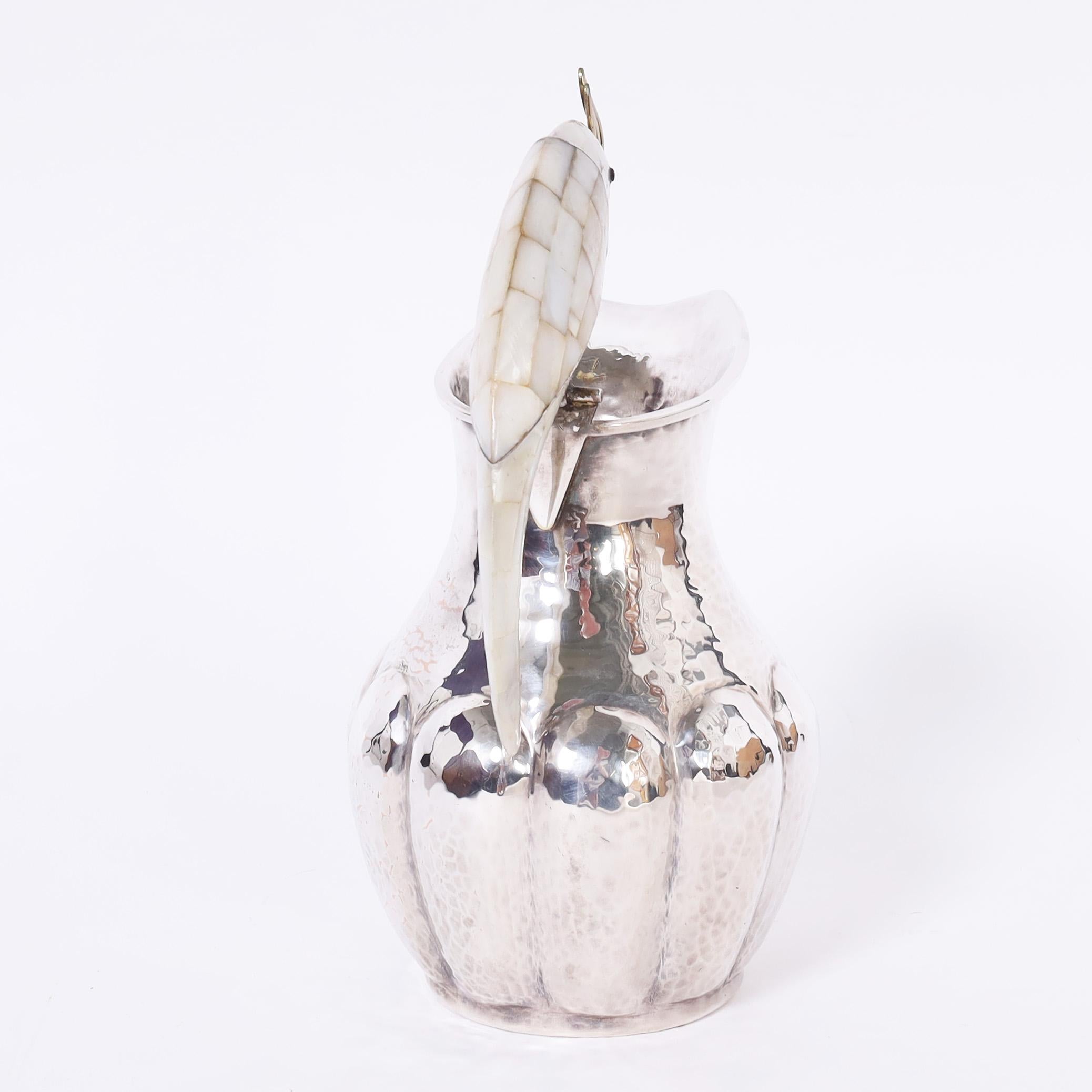 Mexican Vintage Silver on Copper Pitcher with Bird in the Style of Los Castillo