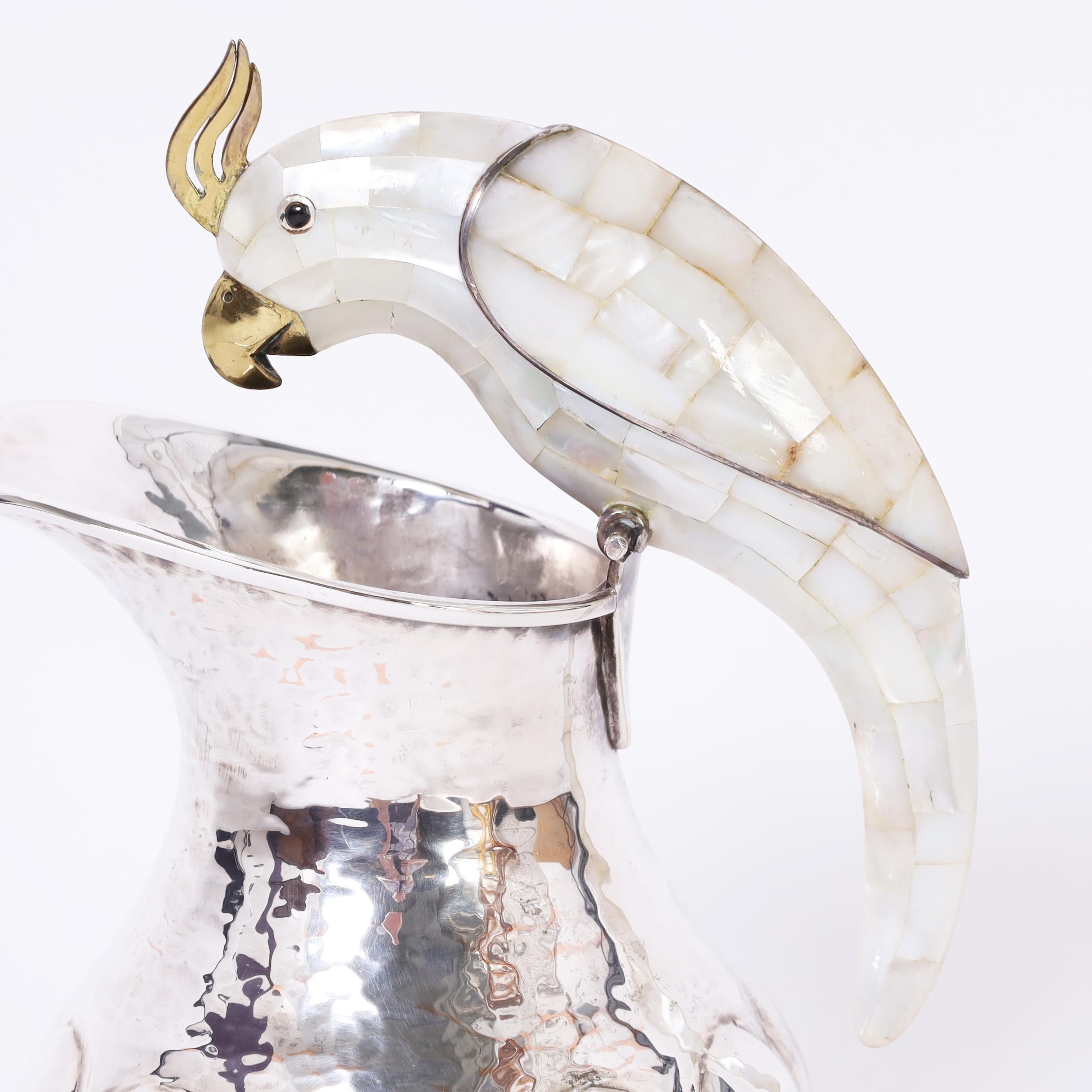 Hand-Crafted Vintage Silver on Copper Pitcher with Bird in the Style of Los Castillo