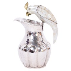 Vintage Silver on Copper Pitcher with Bird in the Style of Los Castillo