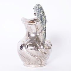 Vintage Silver on Copper Pitcher with Stone Bird Handle