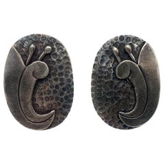 Vintage Silver Oval Texture Design Earrings 