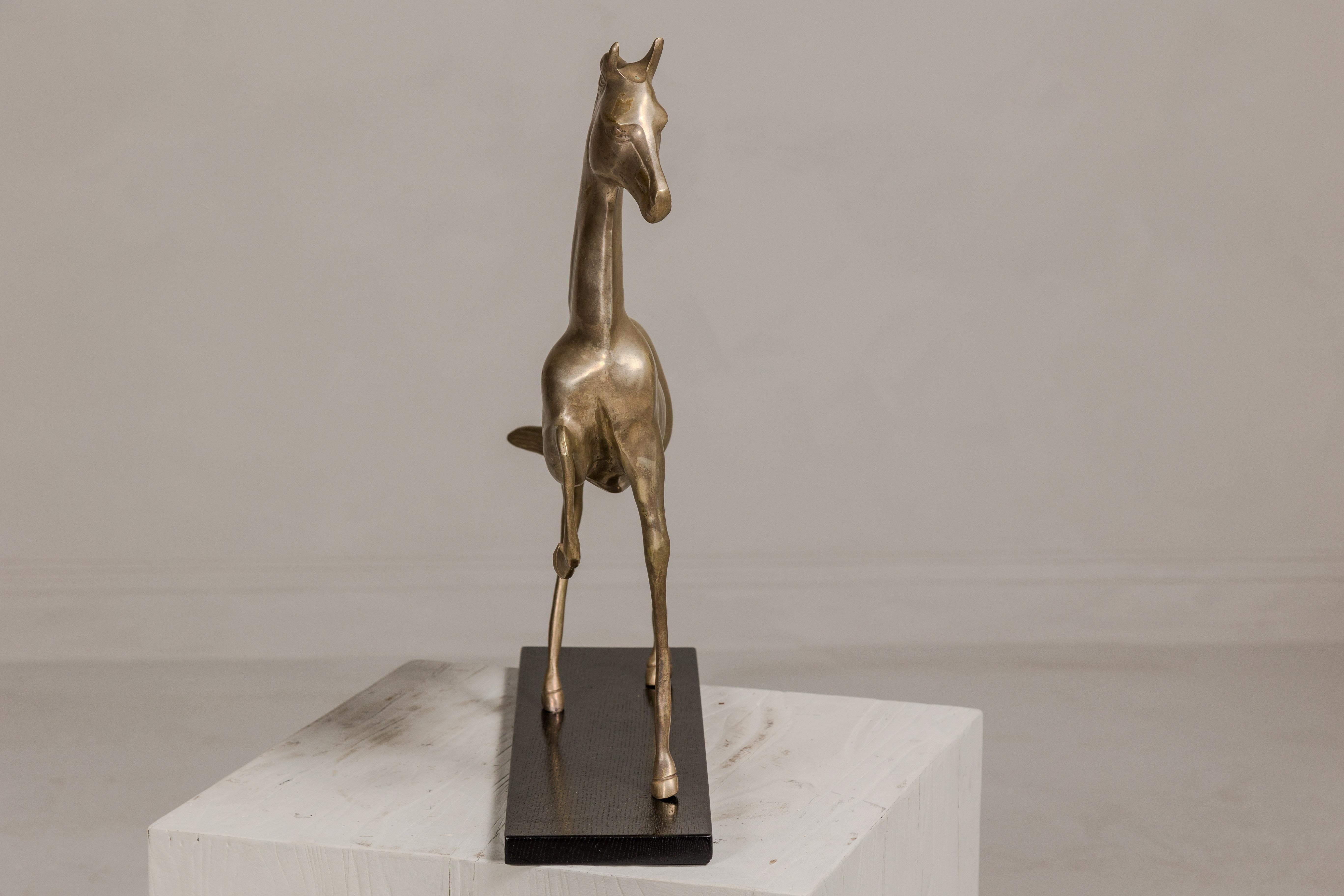 Vintage Silver over Brass Walking Horse Statuette on Ebonized Oak Base For Sale 5