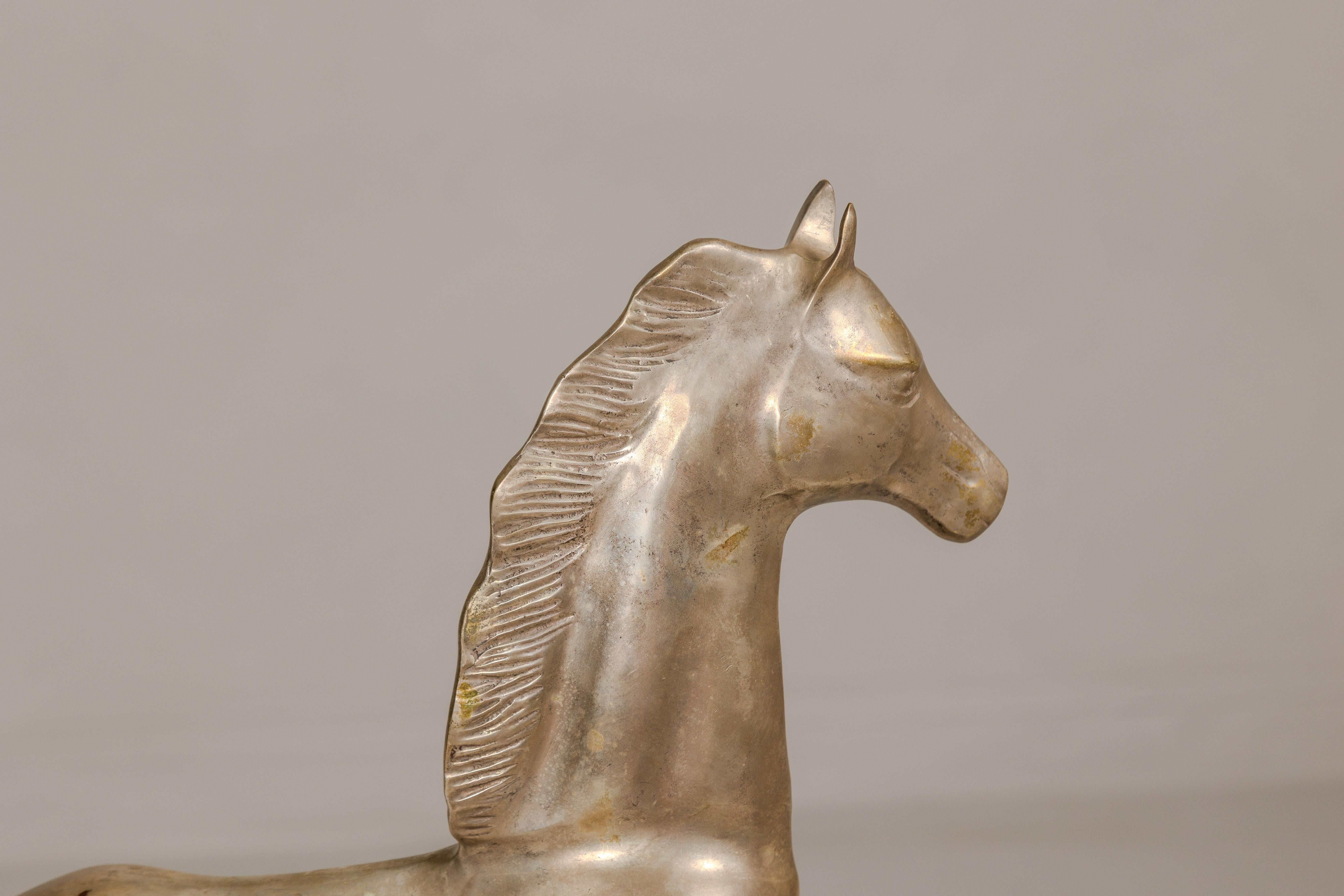 Vintage Silver over Brass Walking Horse Statuette on Ebonized Oak Base For Sale 6