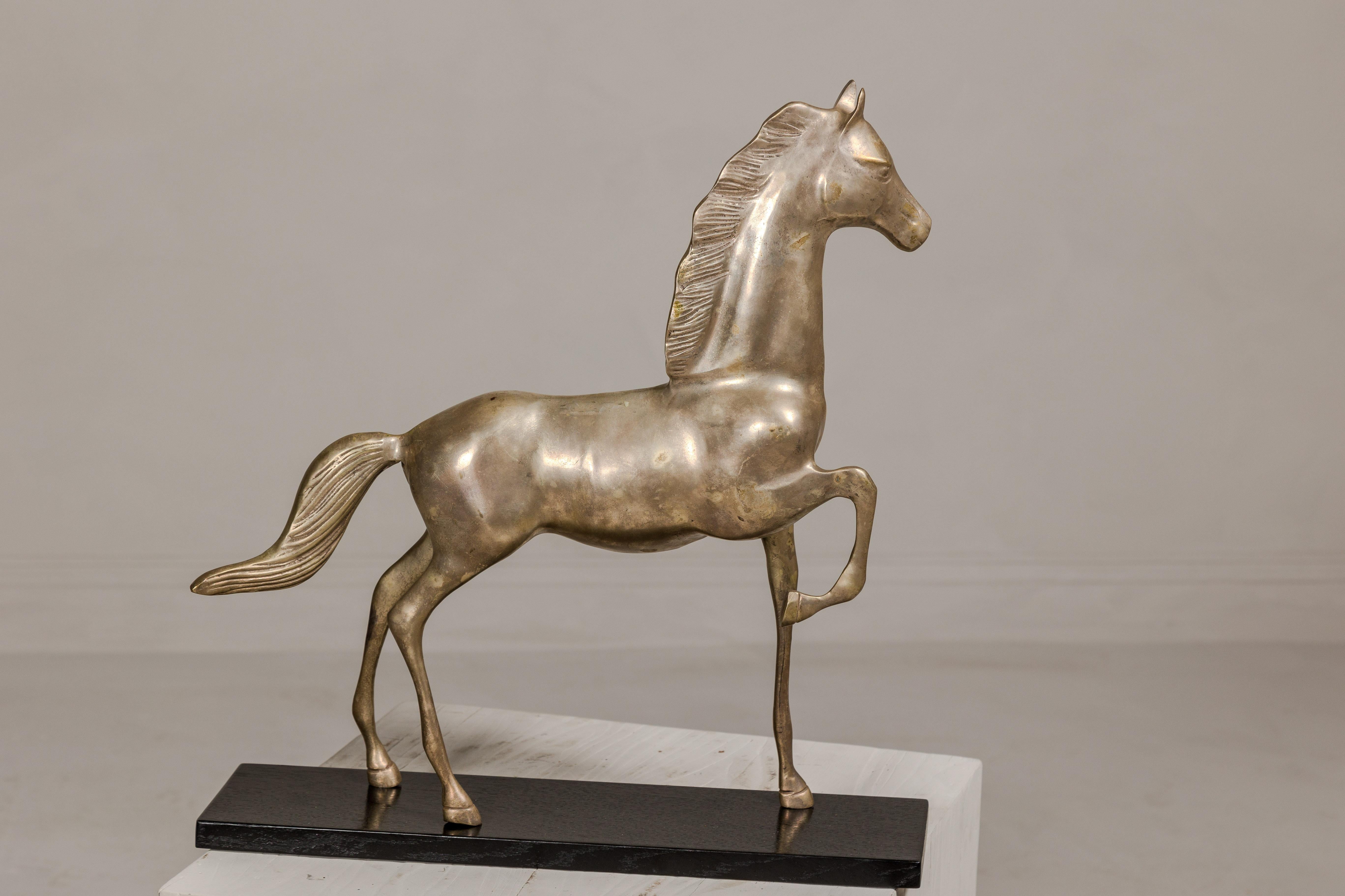 Vintage Silver over Brass Walking Horse Statuette on Ebonized Oak Base For Sale 7